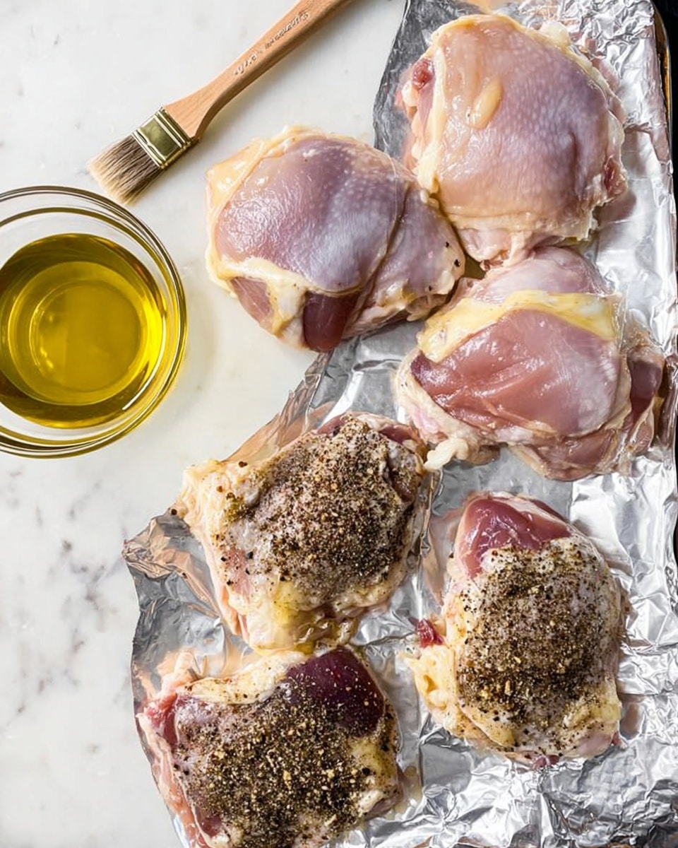 The image shows five raw pieces of chicken thighs with skin on, laid out on a white marbled surface covered with foil. Three pieces at the top are plain, with a pale pink color mixed with white fat and yellowish skin edges. Two pieces at the bottom are coated with a dark spice mix, likely black pepper and garlic, giving a rough black and white texture. To the left, there's a clear glass bowl filled with golden olive oil, with a wooden brush resting on it, the bristles dipped in oil. The overall setup looks like the chicken is ready for seasoning or cooking. photo taken with an iphone --ar 4:5 --v 7