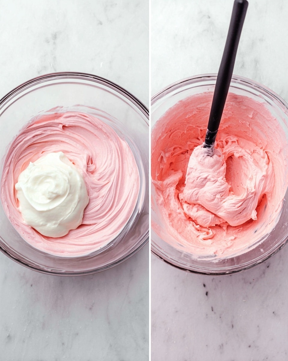 The image shows two clear glass bowls on a white marbled surface, each containing a pink creamy mixture. The bowl on the left has a smooth pink base layer with swirled texture and a large dollop of white cream on top, creating a thick contrast between the two layers. The bowl on the right displays a more uniformly mixed creamy pink mixture being stirred by a black spatula standing inside the bowl, with a smooth and fluffy texture and soft pink color throughout the bowl's contents. photo taken with an iphone --ar 4:5 --v 7
