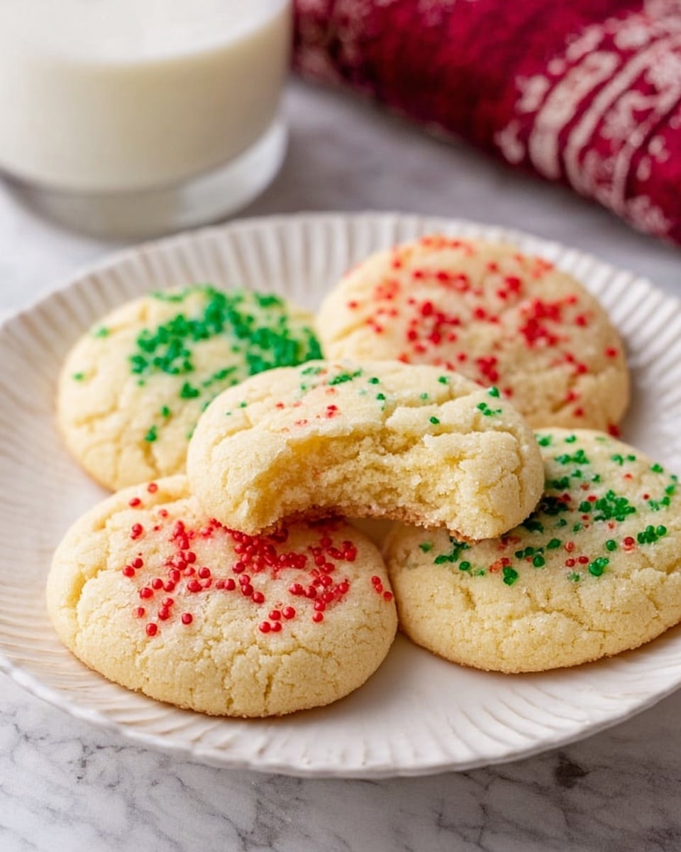 The image shows a white plate holding four soft cookies, each cookie round and slightly thick. Three of the cookies have colorful sugar sprinkles in red, green, or a mix of red and green on top, adding bright spots of color to the light golden surface. One cookie is placed in the center, with a bite taken, showing a crumbly and soft inside texture. The plate sits on a table with a white marbled texture. Nearby, there is a glass filled with milk, partially visible on the side. Photo taken with an iphone --ar 4:5 --v 7