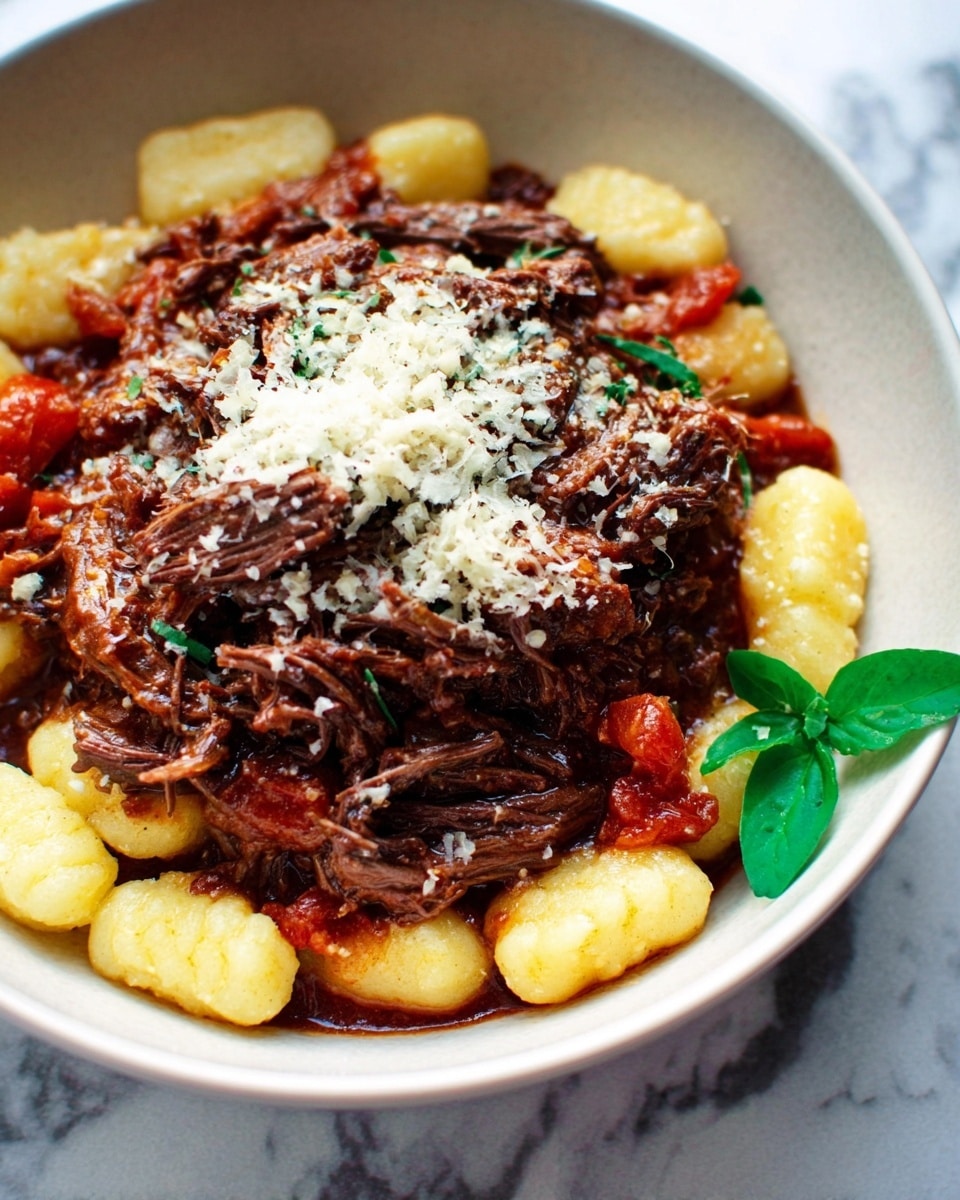 The image shows a white bowl filled with soft, light yellow gnocchi at the bottom layer. On top, there is a thick layer of shredded dark brown beef stew mixed with small pieces of red tomato and sauce. The beef looks tender and moist. It is sprinkled with grated white cheese on the top center. A small green leaf garnish is placed near the edge of the bowl. The background surface has a white marbled texture. photo taken with an iphone --ar 4:5 --v 7