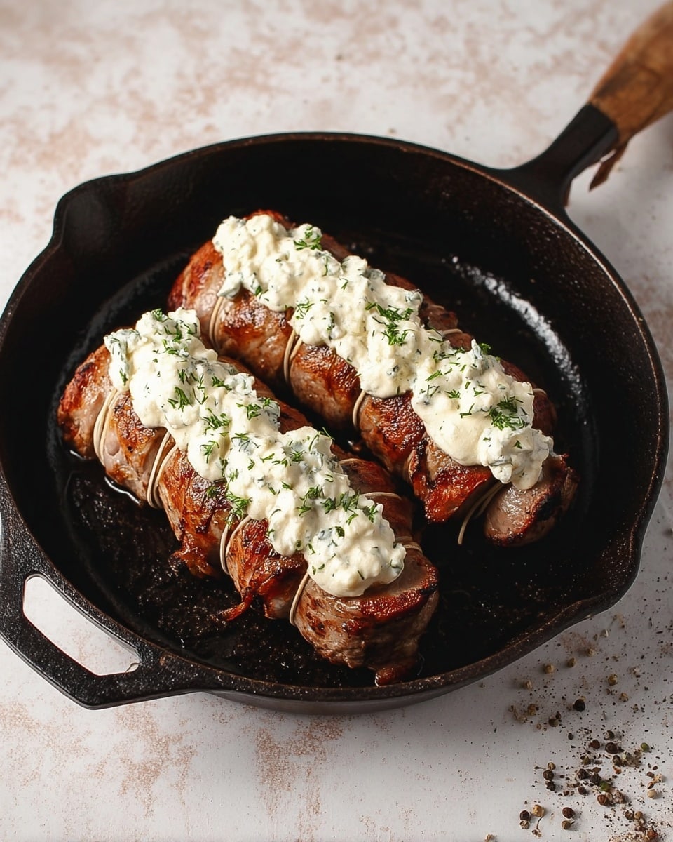 The image shows two brown cooked meat rolls tied with string in a black cast iron pan. Each meat roll has a thick layer of white creamy sauce with green herbs spread in a line on top. The pan sits on a white marbled surface with some scattered black pepper around it. Photo taken with an iphone --ar 4:5 --v 7