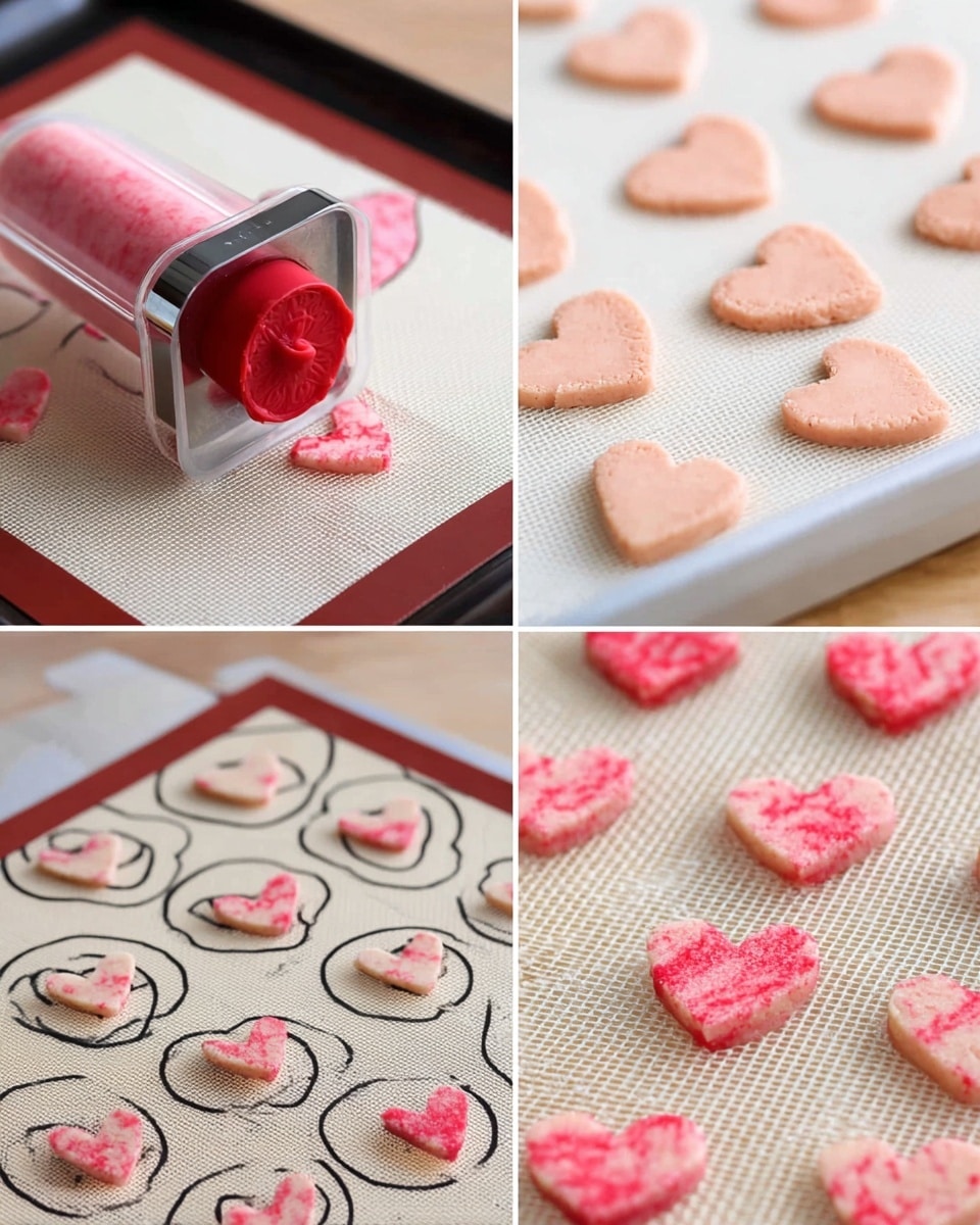 The image shows four stages of making small heart-shaped cookies on a white baking tray with a silicone mat. The first part has a tool with red dough inside, ready to press out shapes. The second part shows pale pink dough drops placed evenly on the baking mat in small heaps. The third part features small heart shapes, now more red and defined, placed inside black printed circles on the baking mat. The last part is a close-up of the finished pale pink and red hearts, showing rough texture and color spots on the shape surface, all on the white mat background. photo taken with an iphone --ar 4:5 --v 7