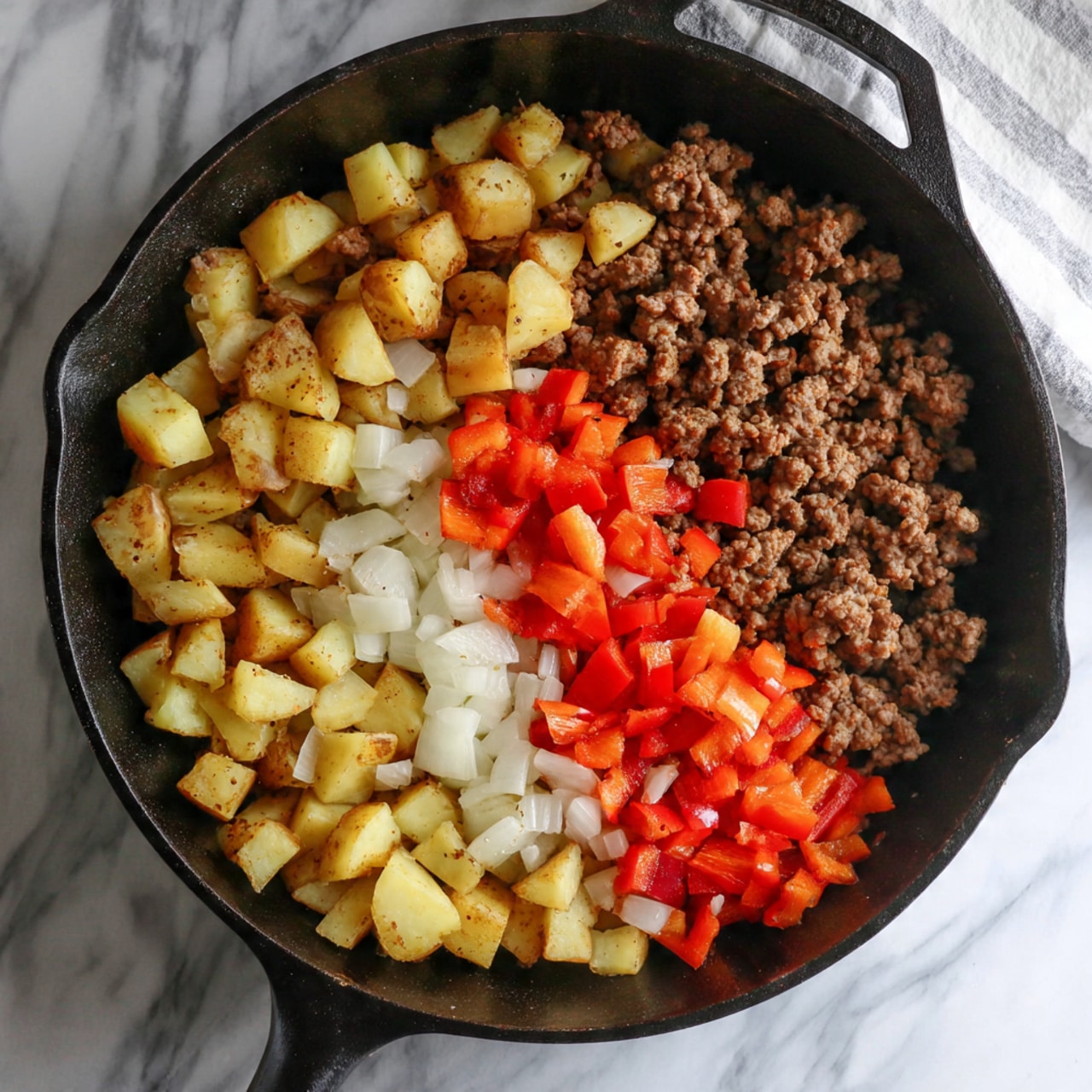 The image shows a dark cast iron pan on a white marbled surface, filled with three main layers of food. On the bottom left and top right edges, there are small, light yellow cubed potatoes with a slightly browned texture. Mixed in with these potatoes are chopped white onion pieces and bright red bell pepper chunks, adding white and red colors to these areas. In the center of the pan, there is a layer of cooked ground meat with a brown and pink color, showing some pieces that look softer and some more cooked. The vegetables are arranged around the meat in a semi-circle style. Photo taken with an iphone --ar 4:5 --v 7