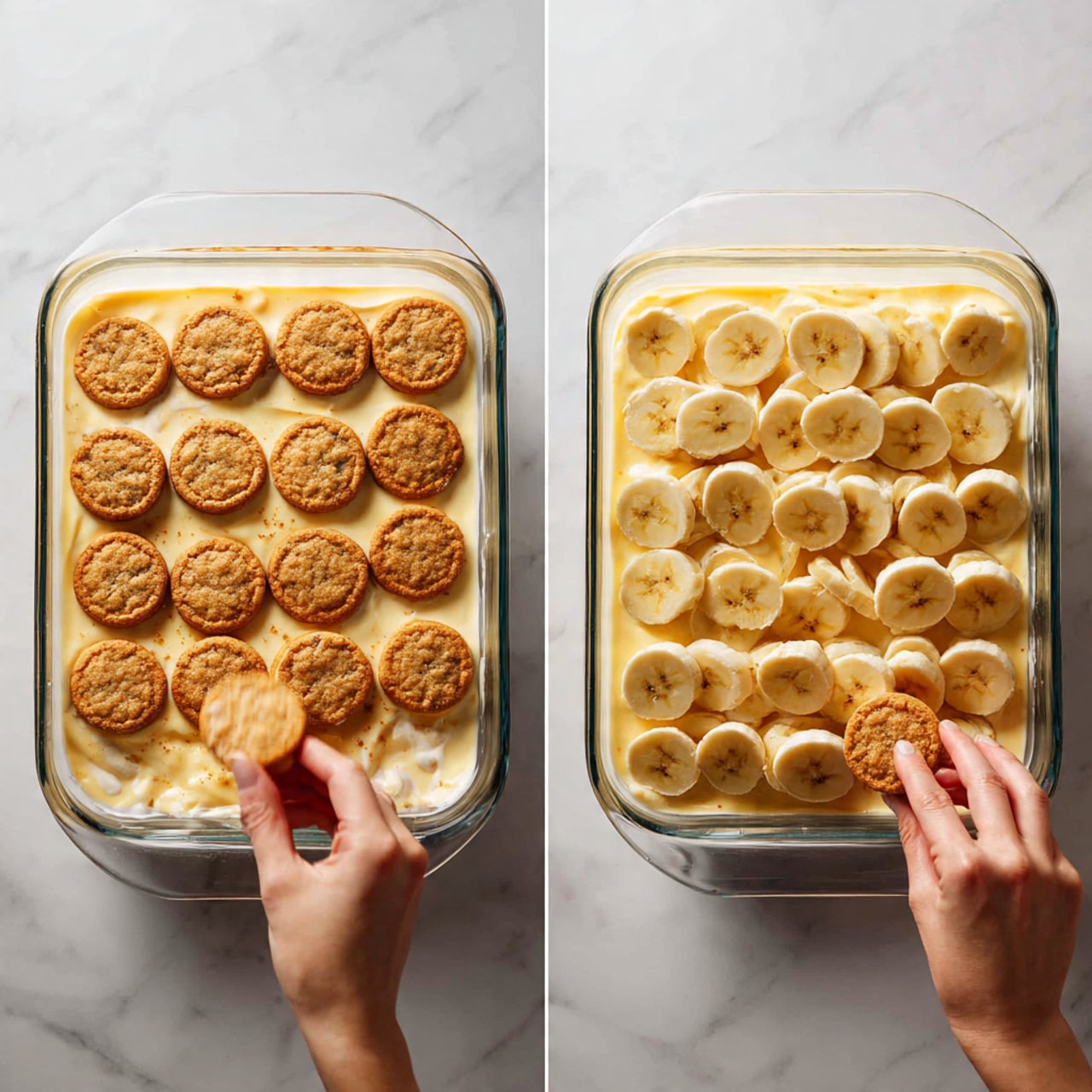 The image shows a clear glass baking dish on a white marbled surface with two photos side by side. On the left, a woman's hand placing small round brown cookies on top of a light yellow batter with banana slices visible inside the batter. On the right, the same dish is shown after adding a full layer of banana slices covering the batter, and the woman's hand is placing more cookies along the edge, forming a neat arrangement. The batter layer is smooth and creamy, the bananas are pale yellow with slight browning at cut surfaces, and the cookies are flat with a rough texture. photo taken with an iphone --ar 4:5 --v 7