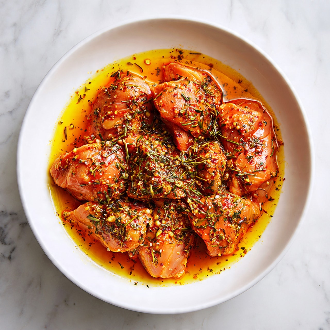 A white bowl filled with several pieces of raw chicken soaked in an orange-colored marinade with visible herbs and spices spread throughout. The chicken pieces are arranged close together, covered in a shiny layer of oily liquid mixed with the marinade. The edges and bottom of the bowl have some splashes of the marinade, adding texture around the chicken. The bowl is placed on a white marbled surface. Photo taken with an iphone --ar 4:5 --v 7