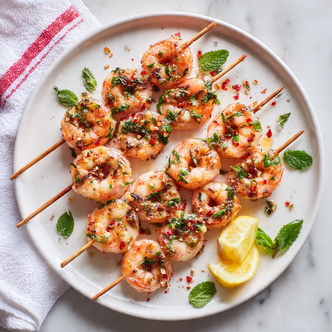 The image shows a white round plate with several wooden skewers laid flat, each skewer tightly threaded with plump orange and white shrimp. The shrimp have a slightly cooked, shiny texture and are sprinkled with small bits of green herbs and red chili flakes. Around the plate, there are a few lemon wedges with their yellow rinds visible. The plate sits on a white marbled surface, making the shrimp colors stand out vividly. Photo taken with an iphone --ar 4:5 --v 7