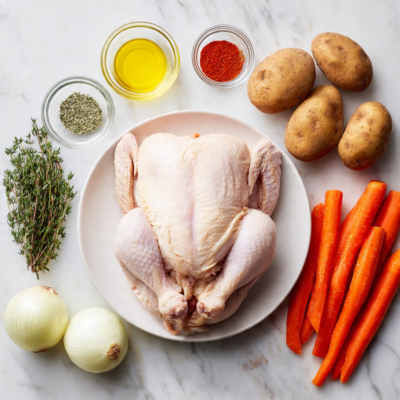 A whole raw chicken with pale skin sits centered on a white plate, with its legs bent inward and wings tucked close. Around the plate on a white marbled surface are several fresh ingredients: two brown russet potatoes with textured skins on the top right; a cluster of bright orange carrots, peeled and smooth, at the bottom left; a raw white onion with a papery outer layer near the lower right. Small clear glass bowls hold minced garlic, yellow olive oil, coarse salt, ground black pepper, finely chopped rosemary, fresh thyme leaves, and bright red paprika powder, arranged neatly in a loose circle. The colors range from white and pale tones of the chicken and onion, to the deep earthy browns of the potatoes, and the vibrant orange and red of the carrots and paprika. The composition is clean and well-spaced, emphasizing the freshness of each piece. photo taken with an iphone --ar 4:5 --v 7
