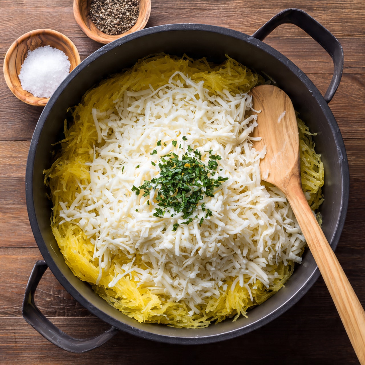 Inside a black pot, there is a base layer of yellow shredded spaghetti squash that fills most of the pot, topped with a thick layer of white shredded cheese scattered unevenly across the surface. On top of the cheese in the center, there is a small cluster of finely chopped green herbs. A wooden spoon with a smooth, pale handle rests inside the pot, partly pushed into the layers. The pot is placed on a wooden surface with two small round bowls nearby containing white salt and black pepper. photo taken with an iphone --ar 4:5 --v 7