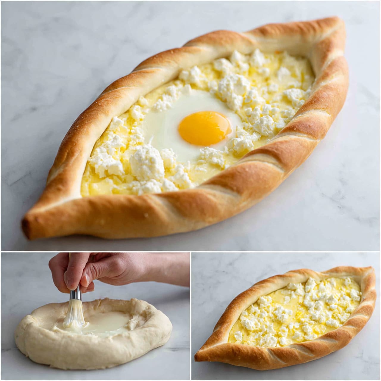 The image shows two close-up views of soft dough on a white marbled surface. On the left, three smooth, round dough balls are placed close together, showing a light, creamy color with a slightly powdery texture from flour. On the right, a woman's hand is gently shaping one dough ball into an oval shape by stretching and pinching the edges, creating a slightly raised, thicker border around the thinner, smooth center. The overall look is soft and elastic, with natural folds and a clean, light backdrop. photo taken with an iphone --ar 4:5 --v 7