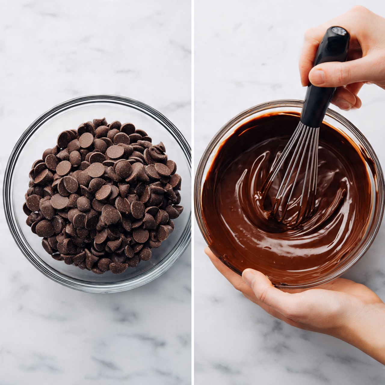The first image shows a clear glass bowl filled with small, round, dark brown chocolate discs with a slightly dusty texture, all sitting against a white marbled background. The second image shows the same clear glass bowl now filled with smooth, melted chocolate that is thick and shiny, with a black whisk inside stirring it, held by a woman's hand. Photo taken with an iphone --ar 4:5 --v 7