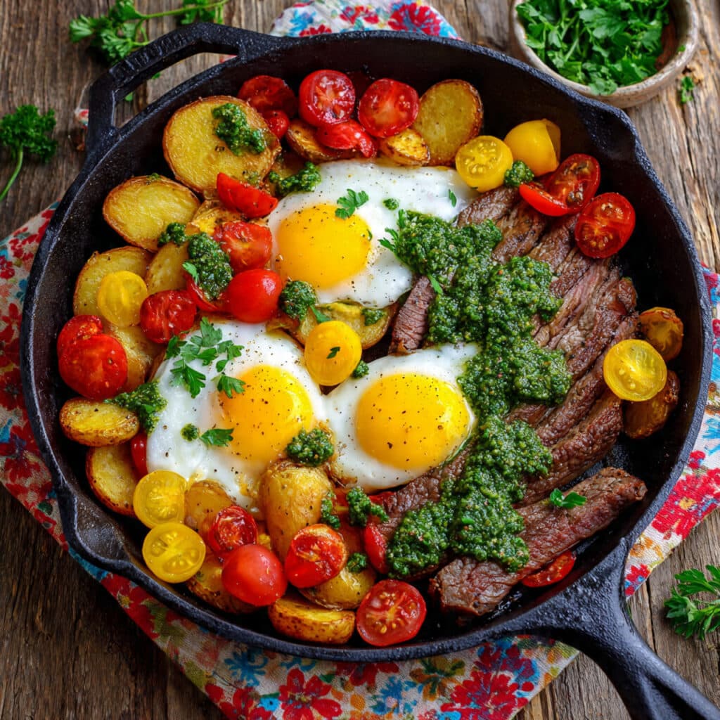 Steak and Eggs with Roasted Potatoes and Fresh Herbs Recipe