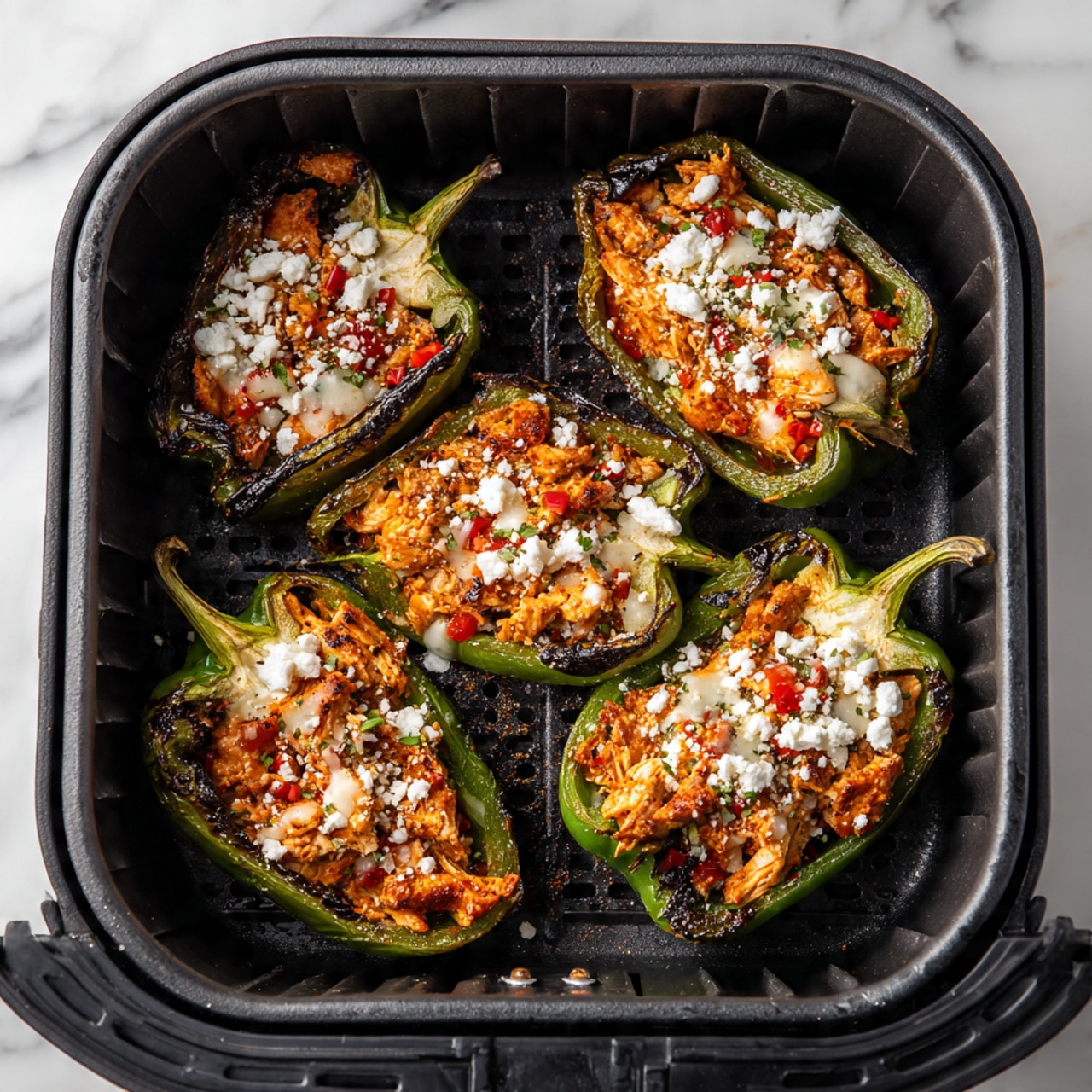The image shows five green bell pepper halves inside a black air fryer basket placed on a white marbled textured surface. Each pepper half is filled with layers of shredded cooked chicken mixed with small pieces of red and orange vegetables, all topped with a sprinkle of crumbled white cheese. The peppers have slightly charred, dark green edges, and the filling looks moist and well mixed. Photo taken with an iphone --ar 4:5 --v 7