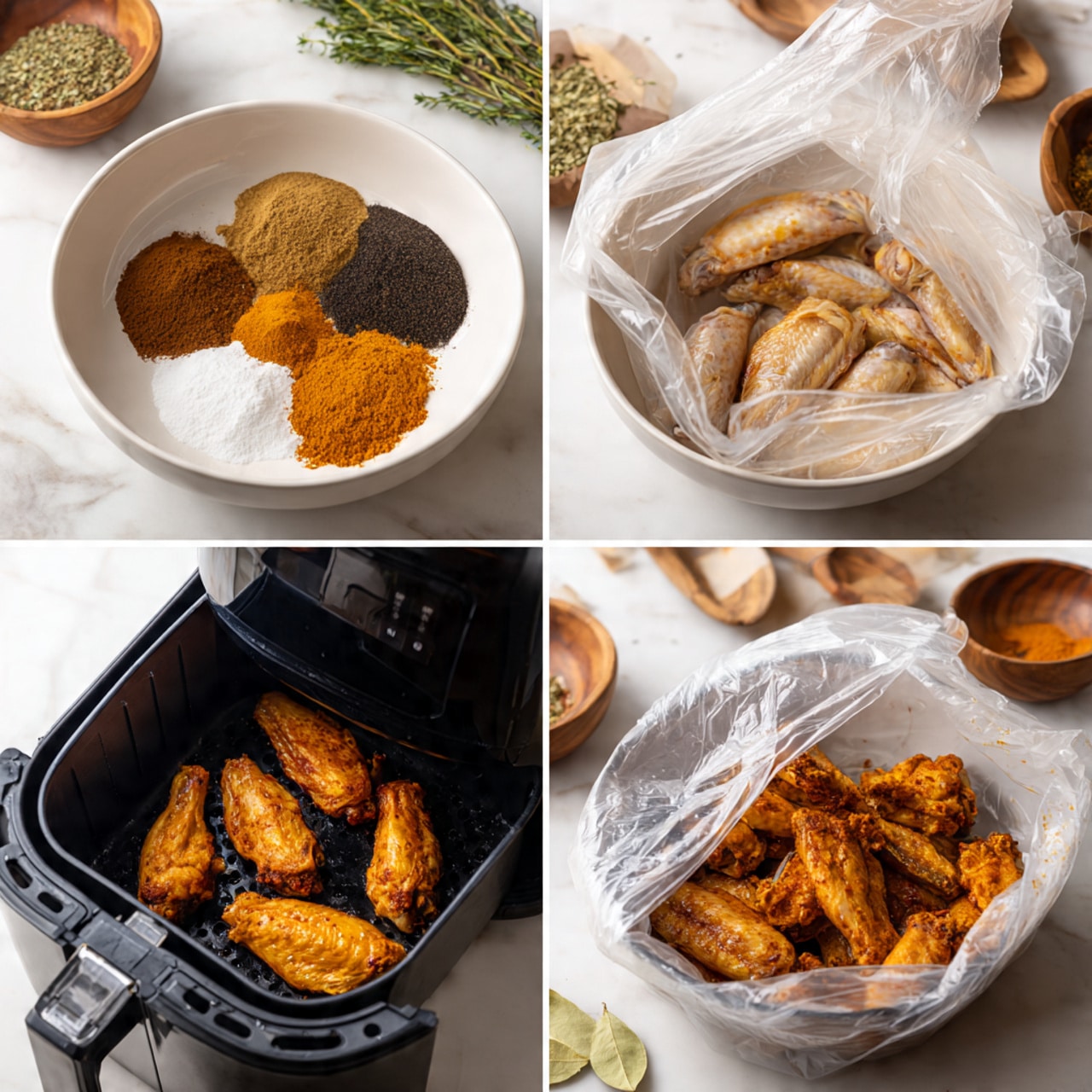 The image is divided into four parts showing the process of making chicken wings. The first part shows a clear plastic bag inside a white bowl, filled with different dry spices in separate piles of brown, orange, black, and white powders. In the second part, raw chicken wings are added on top of the spices inside the plastic bag inside the same white bowl. The third part shows the plastic bag inside the bowl closed and tightly mixed with the spices, coating the chicken wings evenly in a light brown paste. The last part shows five cooked chicken wings inside a black air fryer basket, with a dark, slightly charred surface showing a crispy texture. The background for all parts is a white marbled surface with a few green herbs and wooden bowls nearby. photo taken with an iphone --ar 4:5 --v 7