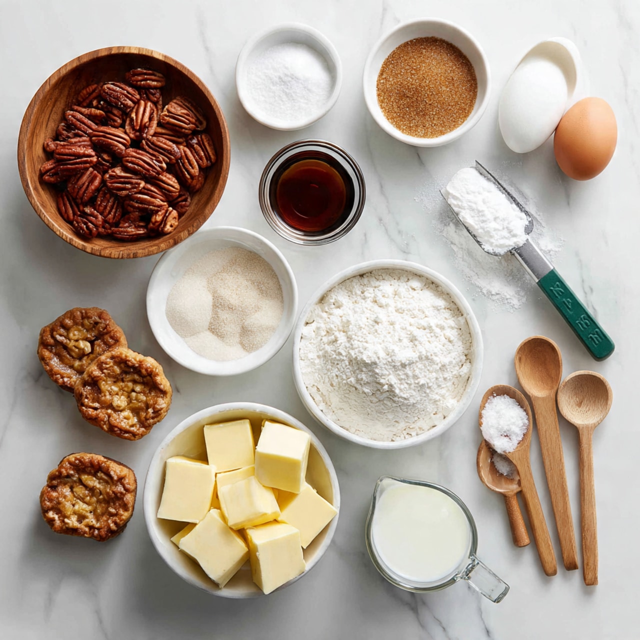 The image shows various baking ingredients laid out neatly on a white marbled surface. Starting from the top left, there is a wooden bowl full of reddish-brown pecans. Next to it, small white bowls hold white sugar, dark brown sugar, and light brown sugar, each with a coarse texture. A small glass bowl contains dark vanilla liquid, placed above an egg with a smooth brown shell. On the right, a white bowl is filled with white flour and has a metal scoop with a green handle resting inside it. Nearby, three wooden spoons hold white baking powder, baking soda, and salt. Below, a white bowl contains yellow butter cubes with clean edges. A clear glass measuring cup half-filled with corn syrup and next to a plastic measuring cup filled with white heavy cream complete the ingredients. In the bottom left corner, there are small pecan tarts with a golden crust and glossy pecan topping. Photo taken with an iphone --ar 4:5 --v 7