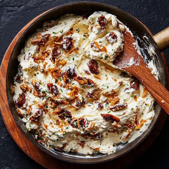 A black pan filled with layers of creamy, light beige mixture dotted with dark brown chunks and small bits of green herbs, with a wooden spoon resting on the pan’s edge, partially covered in the mixture. The pan is placed on a wooden board over a black surface, next to a white marbled textured round flatbread on the left side. The texture of the creamy layer is thick and somewhat chunky, blending with the dark pieces that look soft and wrinkled. Photo taken with an iphone --ar 4:5 --v 7