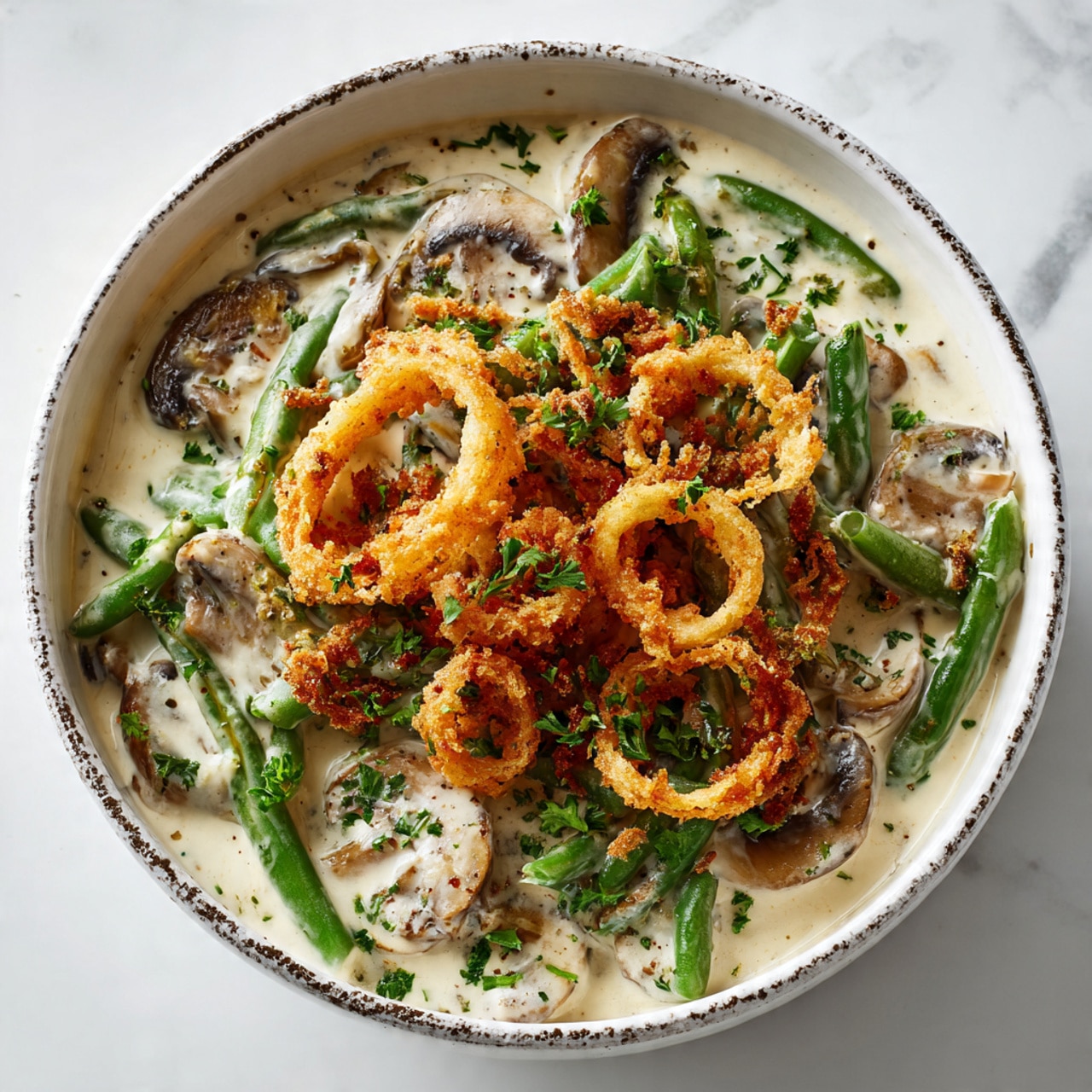 A bowl filled with a creamy dish, showing a bottom layer of green beans and sliced mushrooms covered in a thick cream sauce. On top, there is a crispy golden-brown layer of fried onion rings scattered evenly across the surface, with small bits of fresh green parsley sprinkled over everything. The bowl is white with a slightly speckled rim, sitting on a white marbled surface. photo taken with an iphone --ar 4:5 --v 7