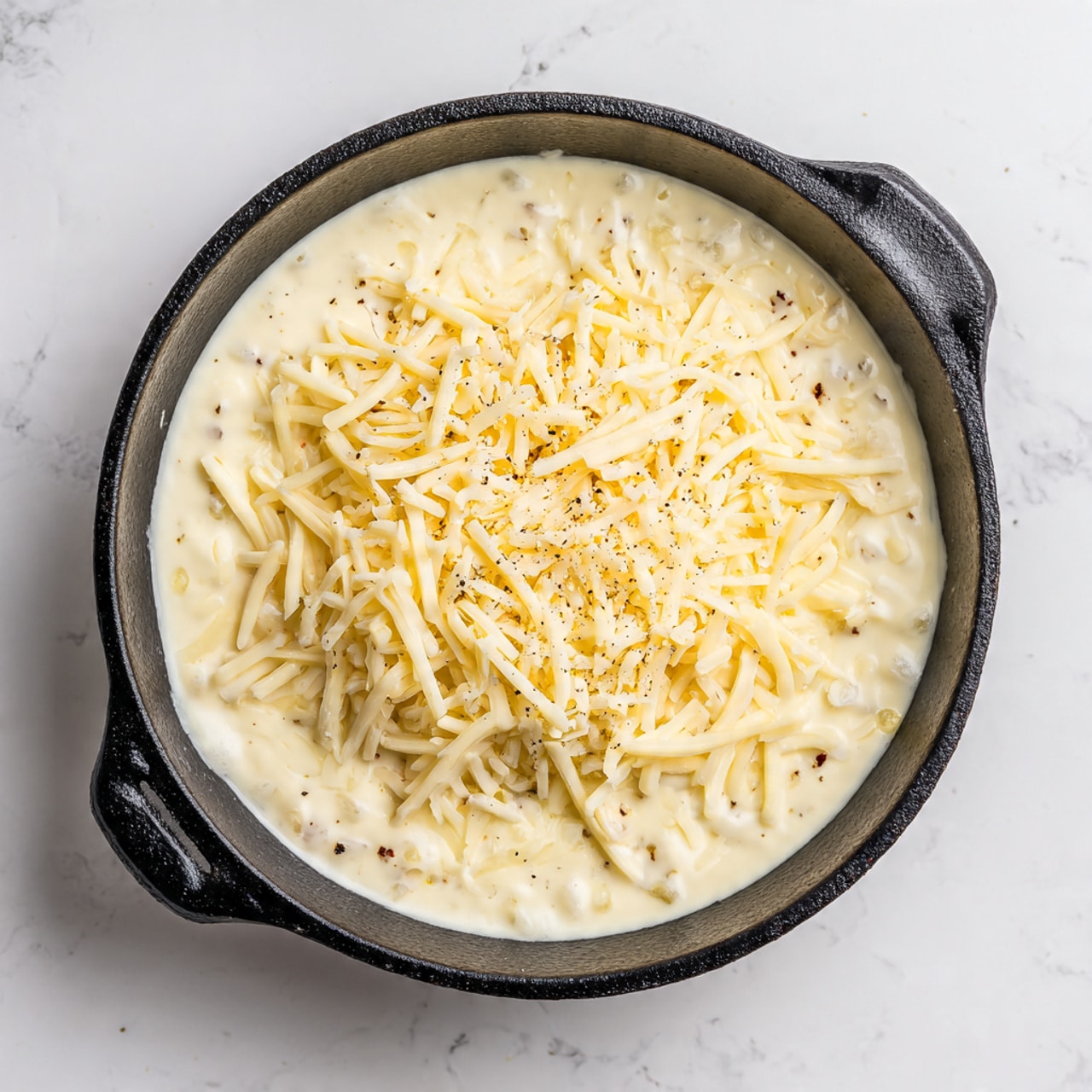 A black cast iron pan filled with layers of creamy white cheese sauce topped with a generous amount of shredded yellow and white cheese, spread evenly and slightly piled in the center. The cheese sauce looks smooth and thick, covering small chunks under the surface, and the shredded cheese on top adds texture with thin strips scattered all over. The pan is set on a white marbled surface, creating a clean and bright background. photo taken with an iphone --ar 4:5 --v 7