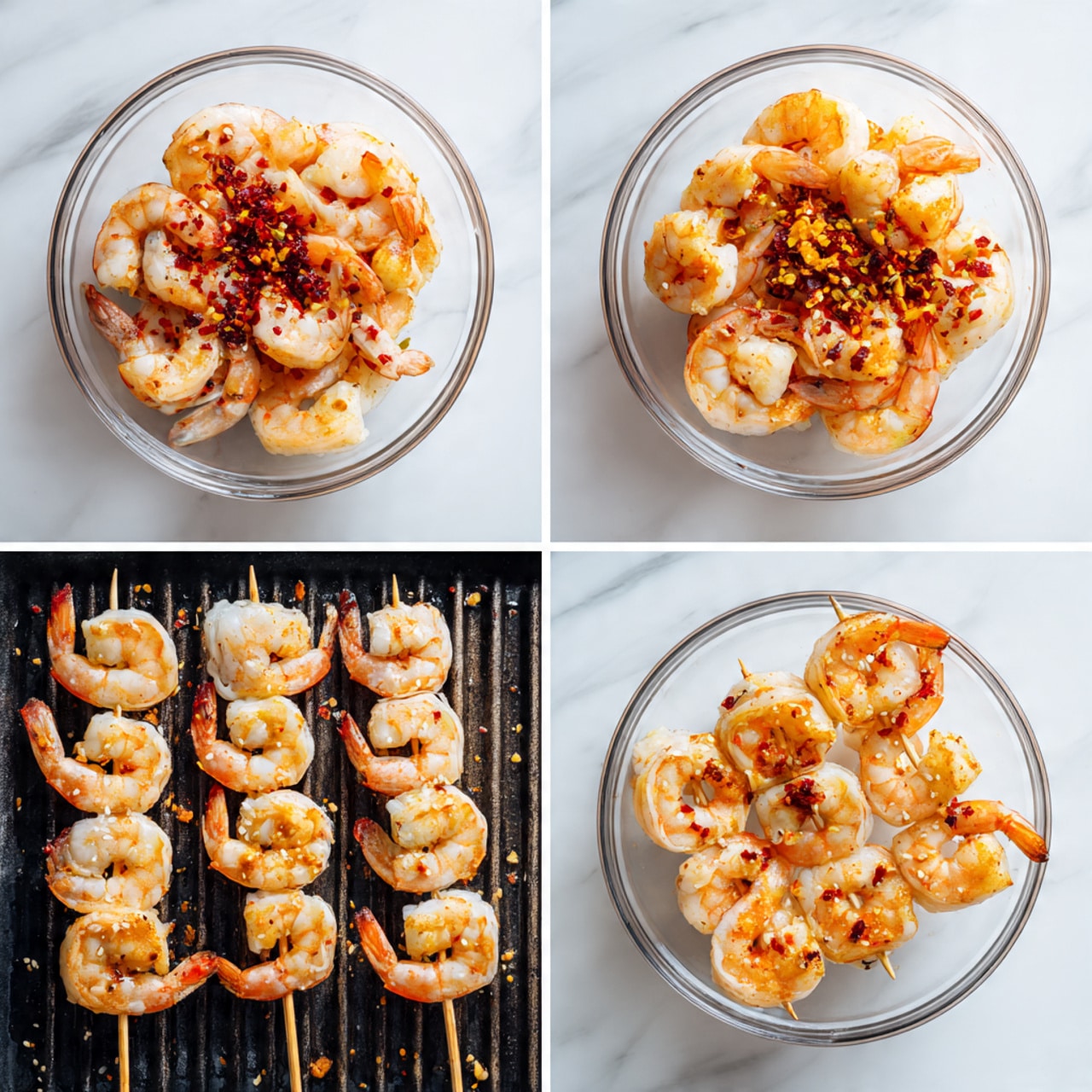 The image shows four smaller photos arranged in a 2x2 grid on a white marbled surface. The first photo at the top left displays a clear glass bowl filled with raw shrimp, topped with red chili flakes, black pepper, minced yellow ginger, and a dark orange spice arranged in small separate piles on the shrimp. The second photo at the top right shows the same glass bowl with shrimp fully mixed with the spices, giving them an even light orange coating. The third photo at the bottom left pictures five white skewers each fully threaded with the shrimp, placed close together on a black grill with some sesame seeds visible, showing the shrimp before cooking with a pale color. The fourth photo at the bottom right shows the same skewers on the grill after cooking, with the shrimp turning light golden brown and slightly charred in some spots, indicating they are grilled. photo taken with an iphone --ar 4:5 --v 7