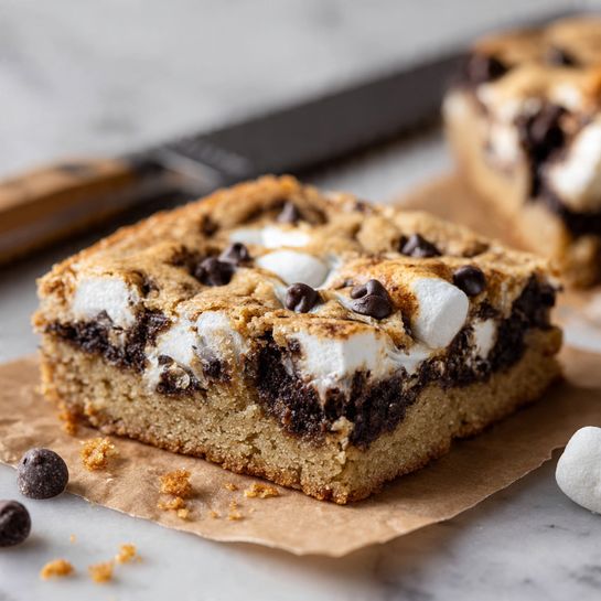 A square piece of cookie bar with two main layers sits on brown parchment paper over a white marbled surface. The bottom layer is a dense, light golden brown cookie dough. The top layer shows melted and slightly browned white marshmallows and dark chocolate chips melted in spots, creating a mix of white and dark brown textures spread unevenly but thickly across the surface. Crumbs are scattered around the bar. In the background, a serrated knife lies horizontally, and a blurred edge of another cookie bar appears. Photo taken with an iphone --ar 4:5 --v 7