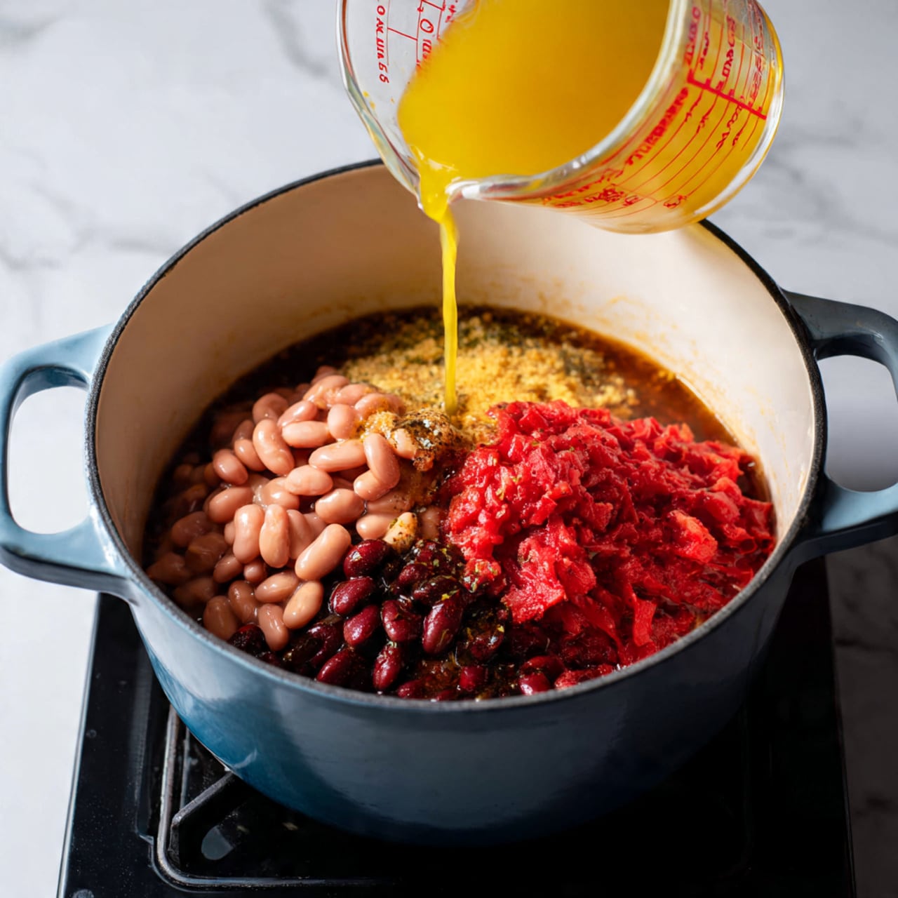 Inside a white pot with blue handles, there are three main layers: at the bottom is a brown cooked base, on the left is a pile of pinkish beans, and on the right is a heap of red chopped tomatoes. Above these layers, yellow liquid is being poured from a glass measuring cup with red markings. The pot sits on a black stovetop with a shiny surface, all set against a white marbled background. photo taken with an iphone --ar 4:5 --v 7
