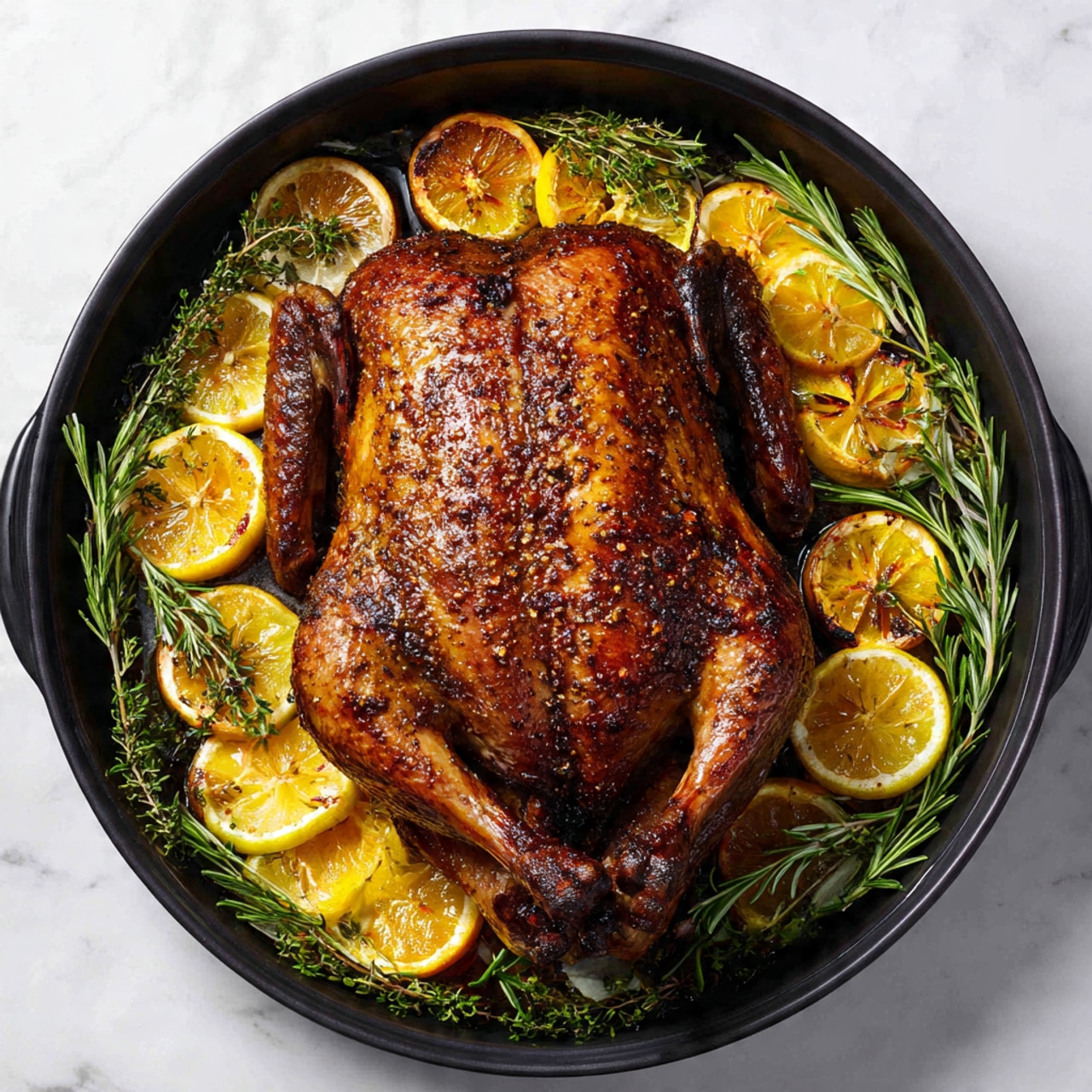 A white plate holds a sliced roasted turkey with a dark brown crispy skin and light pink inside, arranged in several thick layers. Around the turkey, there are bright orange grilled orange slices with some light char marks on the edges. Fresh green rosemary sprigs and bay leaves are scattered around the plate along with two whole garlic bulbs. The plate is placed on a white marbled surface, and nearby sits a whole orange and a black roasting pan in the background. Photo taken with an iphone --ar 4:5 --v 7