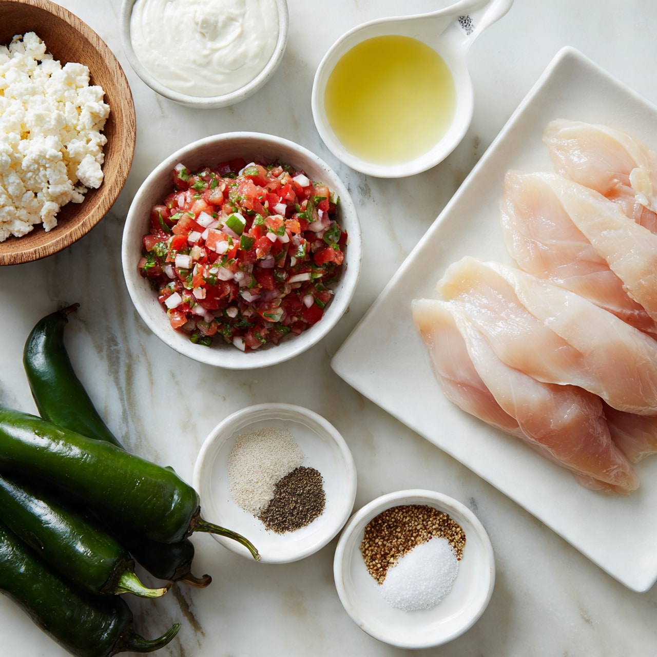 The image shows raw light pink chicken fillets stacked in three layers on a white square plate, placed at the bottom right. To the left, there is a small white bowl filled with fresh red and green salsa made of chopped tomatoes, onions, and peppers. Above that is a small white dish with thick white sauce or cream. Above it, a white measuring cup holds a light yellow liquid. Nearby, a small white plate contains three types of spices: white salt, black pepper, and a tan powder. At the top left, there is a wooden bowl filled with crumbly white cheese. On the upper right, five shiny dark green poblano peppers are laid next to each other. All items are arranged on a white marbled surface that replaces the original wood one. Photo taken with an iphone --ar 4:5 --v 7