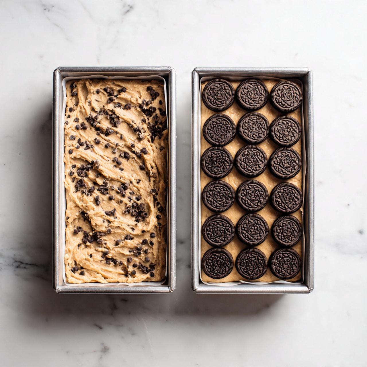 The image shows two metal pans with white parchment paper on a white marbled surface. The pan on the left has one thick layer of light brown cookie dough mixed with small dark chocolate chips spread evenly across the pan. The pan on the right has a base layer of the same light brown cookie dough, topped with a single layer of round dark chocolate sandwich cookies, evenly placed close to each other, covering the dough completely. Photo taken with an iphone --ar 4:5 --v 7