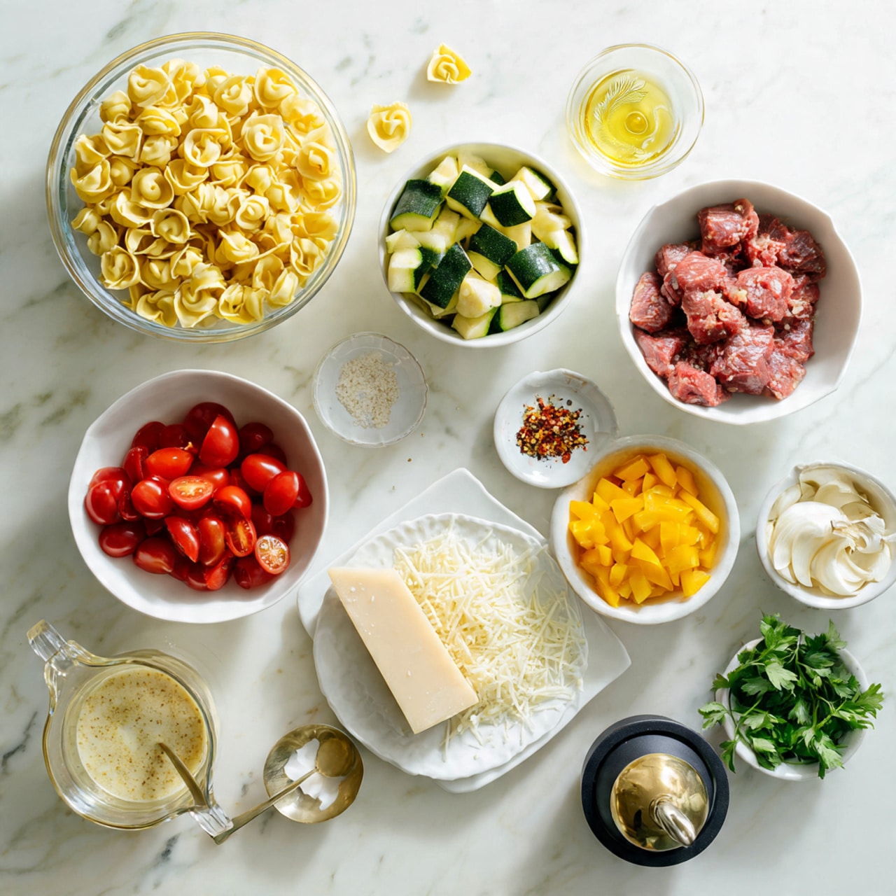 The image shows ingredients laid out on a white marbled surface, each in white bowls or clear containers. At the top left, there is a clear bowl filled with yellow tortellini pasta, with a few loose pieces nearby. To the right, a white bowl holds green zucchini pieces cut into chunks. Next to it, another white bowl contains raw red beef chunks. Below, a small bowl has sliced white onions, and beside it, a white bowl is filled with orange bell pepper pieces. In the middle, a small white bowl contains salt with a small gold spoon inside, and a smaller white dish holds crushed chili flakes. At the bottom center, a white plate has a wedge of parmesan cheese resting on shredded parmesan. To the left, a white bowl contains halved cherry tomatoes, and next to it, another white bowl holds a creamy sauce with herbs. There is a clear measuring cup with light yellow chicken broth near the bottom left, and a small black and white dish with fresh green parsley sprigs at the bottom right. A pepper grinder and a clear bottle of olive oil with a spout are also present near the bowls of tortellini and tomatoes. photo taken with an iphone --ar 4:5 --v 7