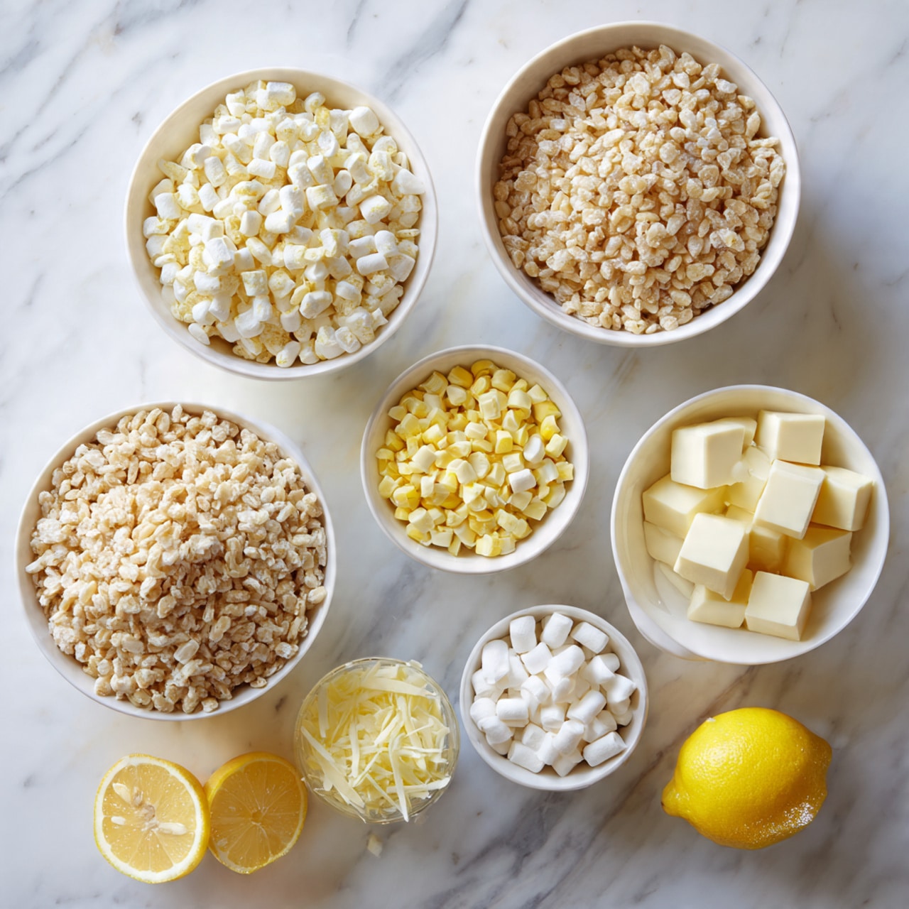 The image shows a stack of three square rice crispy treats on a white plate, placed against a white marbled surface. Each square layer is light golden and has a chewy texture, with rice cereal pieces visible throughout. The top layer is drizzled with smooth white icing that flows slightly over the edges, creating thin drip lines down the sides. Small yellow curved flakes are scattered sparingly on the icing, adding a bright touch. The close-up view captures the soft, airy quality of the treats, emphasizing the gentle contrast between the cereal and icing. photo taken with an iphone --ar 4:5 --v 7