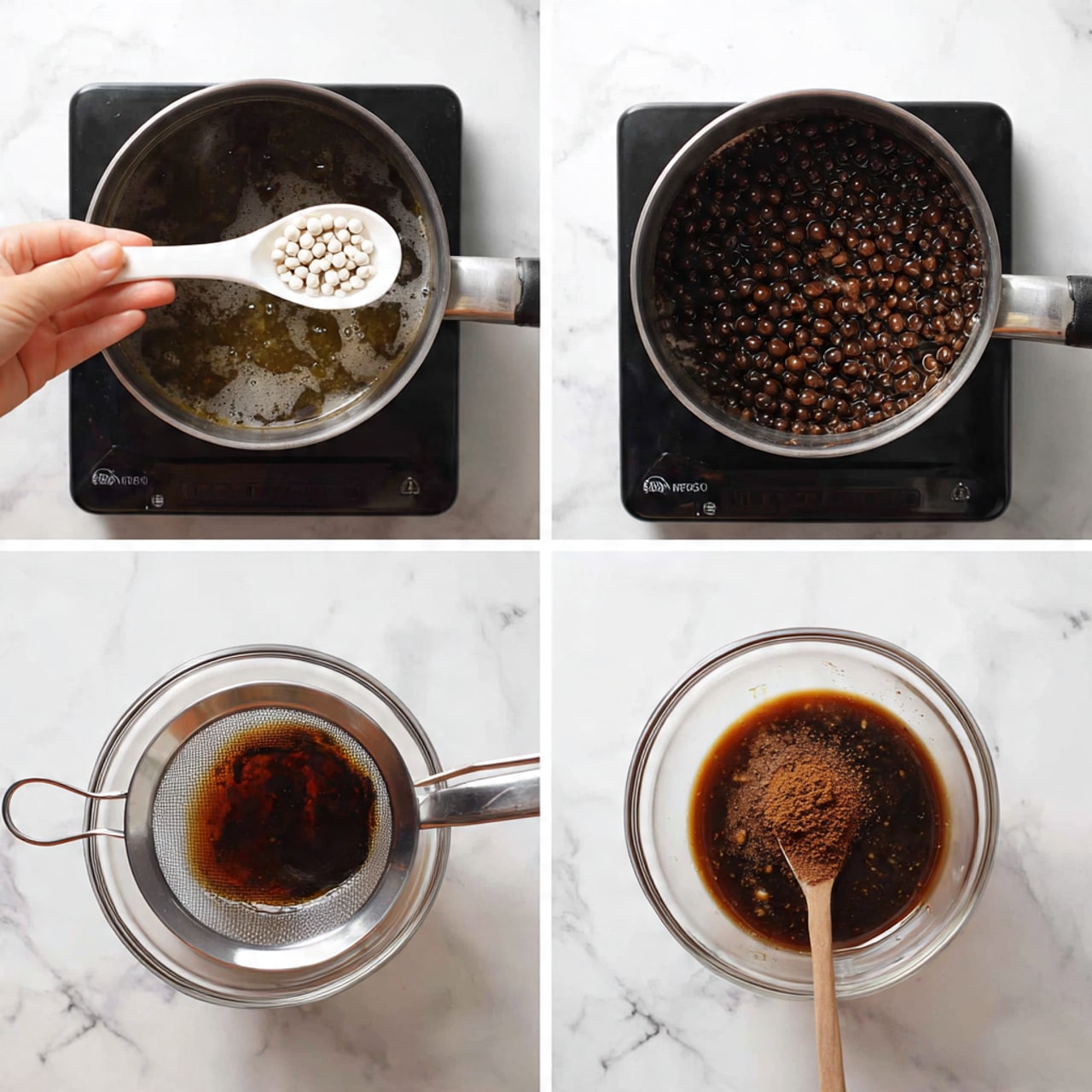 The image shows four steps of cooking sugar syrup. In step 1, a woman's hand pours clear water into a silver pan with brown sugar clumps on top, all on a white marbled surface. Step 2 shows the sugar syrup boiling with many bubbles in the silver pan. Step 3 displays the syrup darker and thicker, with a smooth shiny surface filling the pan. Step 4 reveals a small clear glass bowl on a white marbled surface filled with the thick dark brown syrup, being poured from a spoon above. Photo taken with an iphone --ar 4:5 --v 7