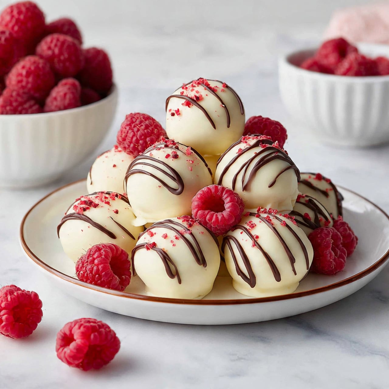 The image shows a silver baking tray covered with white parchment paper, filled with 16 round balls of pink dough with small red bits inside, arranged in four rows. Behind the tray, there is a white bowl filled with fresh raspberries. The background surface has a white marbled texture. The dough balls look soft and slightly chunky with a smooth, creamy texture. A woman's hand is visible holding a silver spoon near the top left corner, suggesting the dough balls are freshly made. photo taken with an iphone --ar 4:5 --v 7