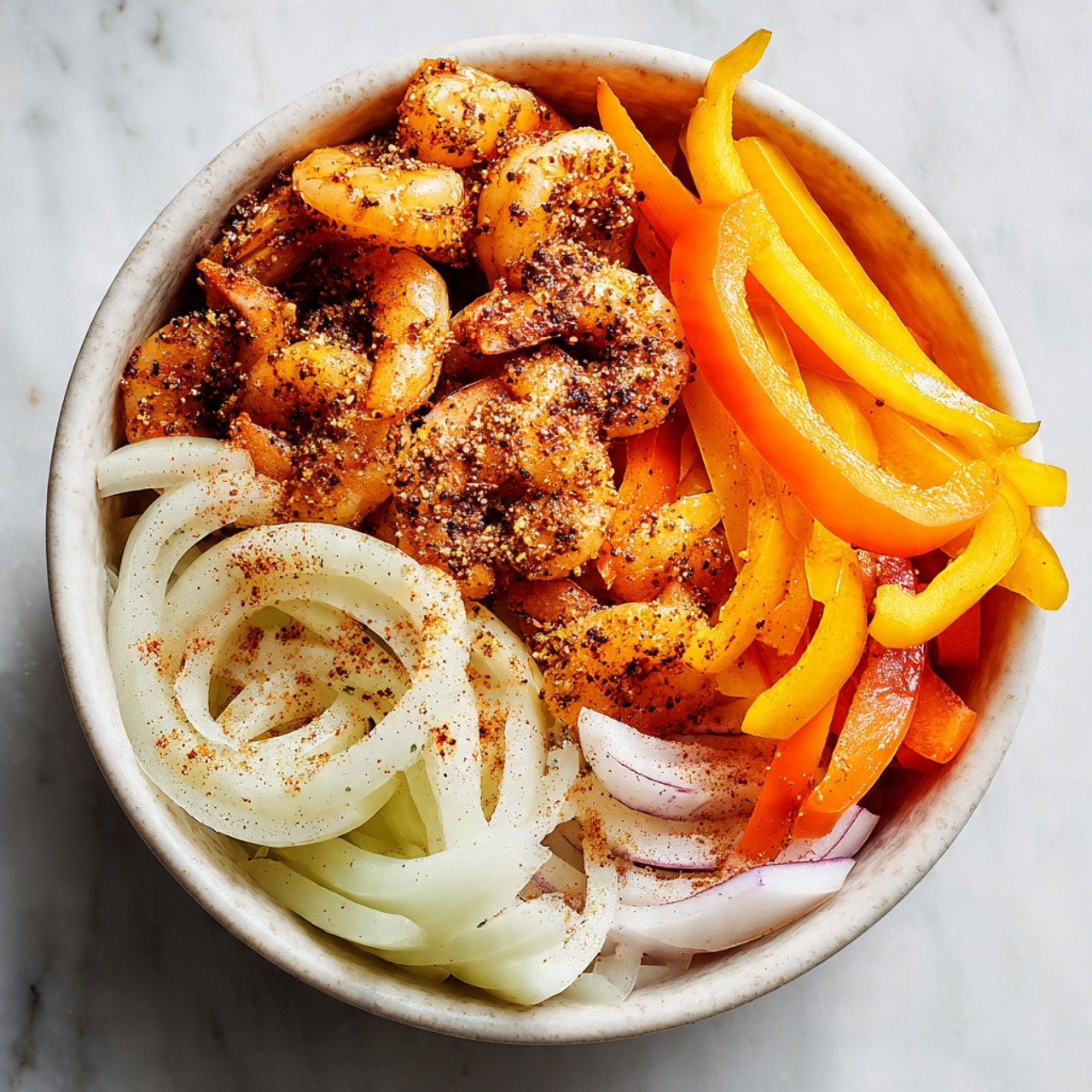 A white bowl filled with mixed sliced vegetables and shrimp, showing three main layers: the bottom layer has thinly sliced white onions with light shining through them, the middle layer is made up of orange and yellow bell pepper strips, and the top layer features shrimp coated lightly with reddish seasoning, all combined with a sprinkling of spices that create a gently speckled texture on the bowl's side. The bowl sits on a white marbled surface. photo taken with an iphone --ar 4:5 --v 7