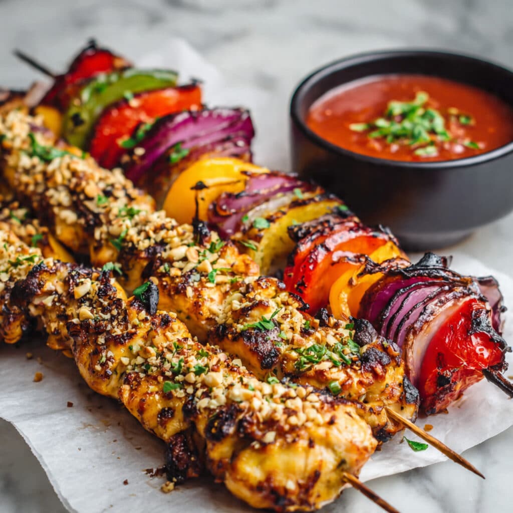 Thai Spicy Basil Chicken Skewers with Cashew Dipping Sauce Recipe