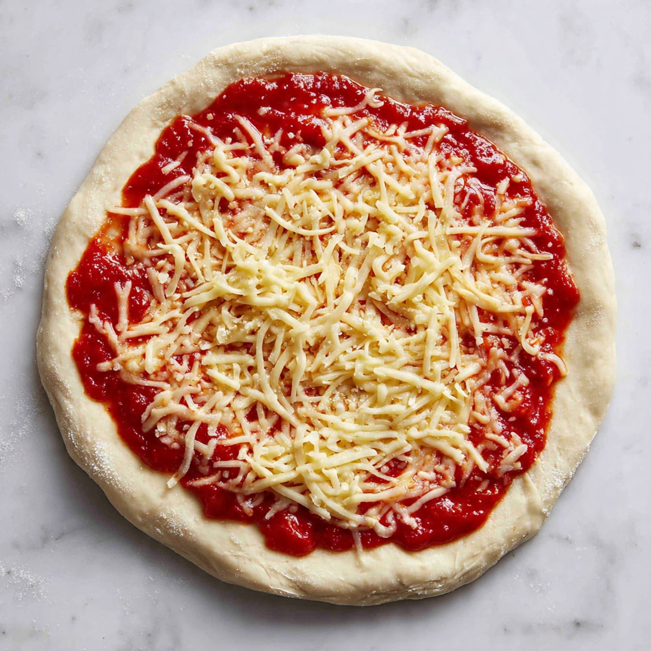 A rough round pizza dough with uneven edges is placed on a white marbled surface, covered with a thin layer of bright red tomato sauce in the center, leaving a border around the edges. On top of the sauce, there is a scattered layer of light yellow shredded cheese, spread unevenly but mostly covering the sauce. In the corner, a glimpse of a white plate with thin pink slices of meat can be seen. Photo taken with an iphone --ar 4:5 --v 7