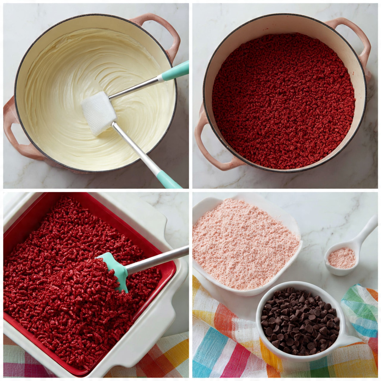 A collage of four photos showing the process of making a layered dessert. The first photo shows a white pot with a smooth, creamy white mixture inside and a white spatula with a green silicone tip resting in it, next to a white measuring spoon with pink powder and a white marbled background. The second photo shows the same pot filled with a thick red mixture with the same spatula resting inside. The third photo shows the pot filled with a thick red rice cereal mixture being mixed by the spatula in a close-up view, with a red square baking dish and a bowl of dark chocolate chips beside it. The fourth photo shows the red rice cereal mixture pressed evenly into the white square baking dish, with the spatula resting on the side and a colorful checkered cloth nearby, all on the white marbled surface. photo taken with an iphone --ar 4:5 --v 7