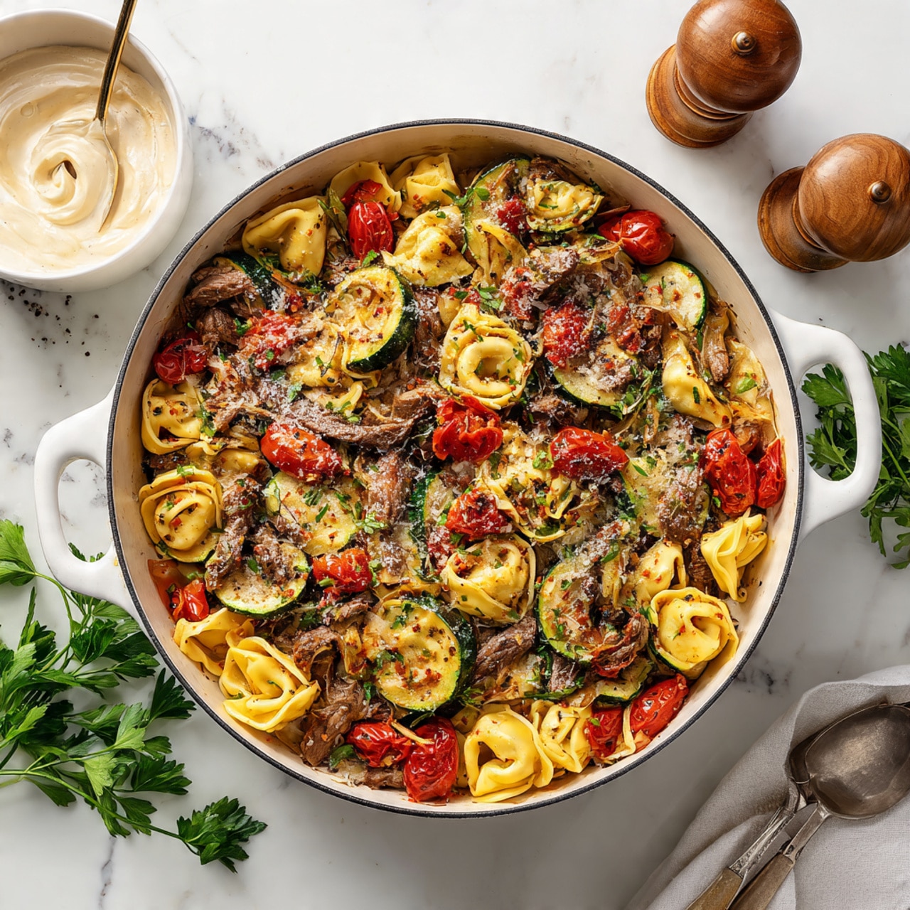 A large white pot filled with a colorful mix of cooked tortellini pasta, browned beef chunks, halved cherry tomatoes, diced zucchini, and slices of onion. The tortellini are yellow and puffy, scattered evenly among the browned meat and vegetables. Light creamy sauce with herbs is drizzled over the top, with some grated cheese sprinkled across. Fresh green parsley leaves are used as garnish, placed inside the pot and on the white marbled surface around it. A white bowl with creamy sauce and a spoon, a wooden pepper grinder, and some fresh parsley sprigs are arranged nearby, all on a white marbled background. photo taken with an iphone --ar 4:5 --v 7