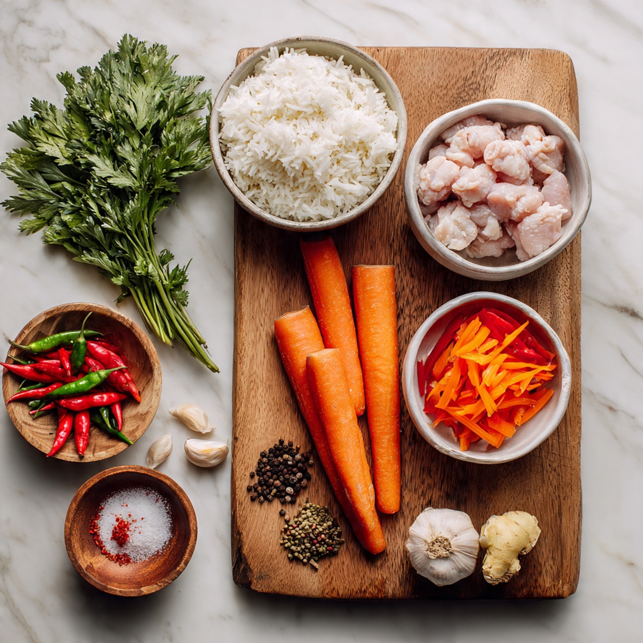 A wooden board holds several small white round bowls and loose ingredients on a white marbled surface. At the center is a white bowl full of cooked white rice. To its top right is another white bowl with raw, pale pink chicken pieces and orange bell pepper strips. Below the rice bowl is a bunch of bright orange carrots aligned side by side. On the bottom left, a wooden bowl contains some red chili peppers with white powder, while fresh red and green chili peppers sit nearby. Two bunches of green herbs, one large and leafy on the top left and the other smaller on the right, frame the board. Scattered around are small piles of spices, black peppercorns, garlic cloves, and a round piece of light beige root vegetable. photo taken with an iphone --ar 4:5 --v 7