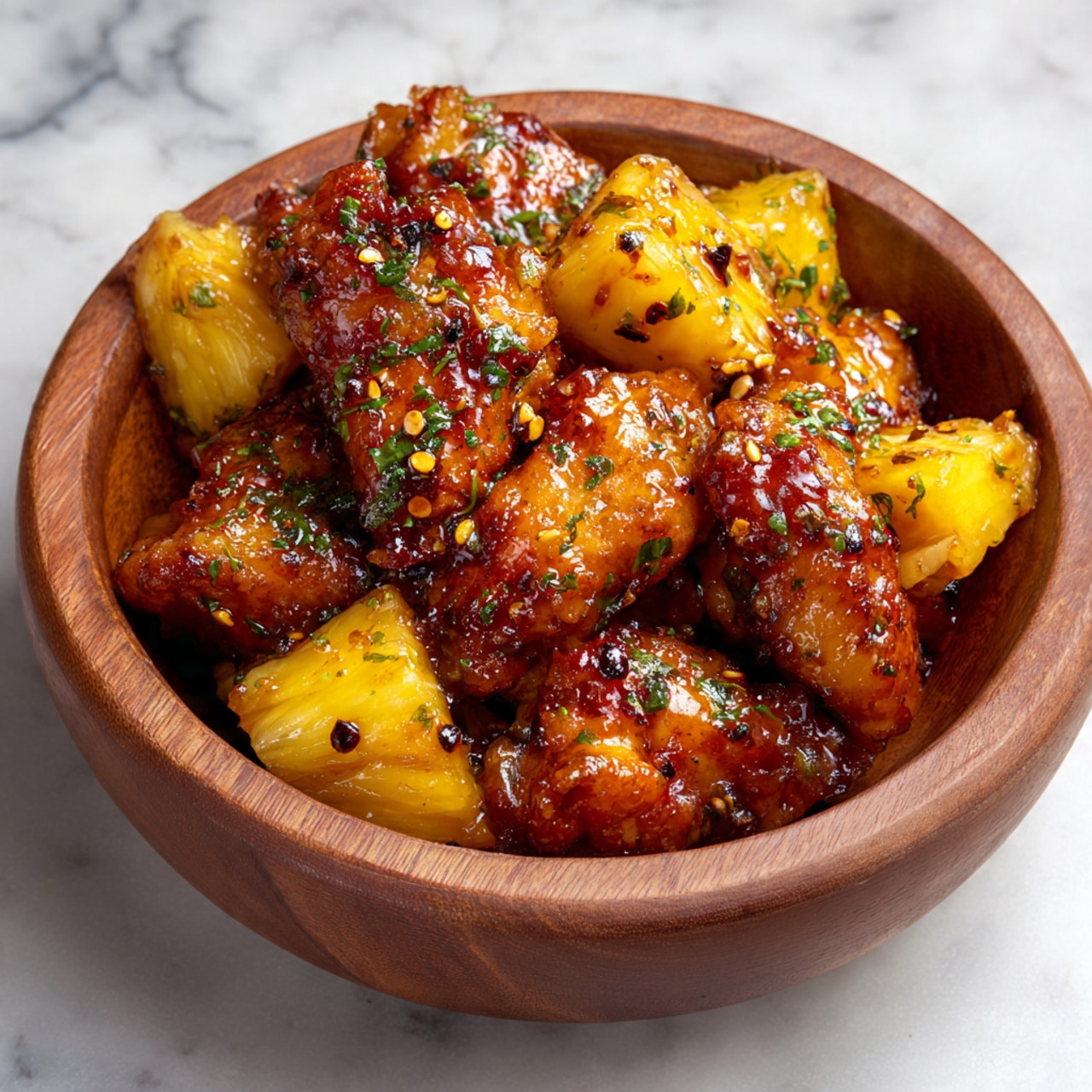 A close-up view of a wooden bowl filled with golden-brown glazed chicken pieces and bright yellow pineapple chunks, all coated in a shiny, thick sauce with visible black pepper flakes and small green herb bits scattered on top. The chicken pieces are plump and irregularly shaped, layered evenly with pineapple, creating a rich, glossy texture throughout. The bowl sits on a white marbled surface. Photo taken with an iphone --ar 4:5 --v 7