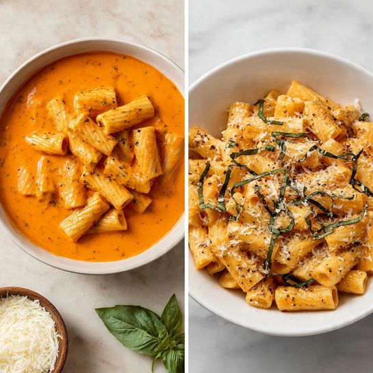 The dish shows rigatoni pasta in two stages: on the left, rigatoni pasta pieces are sitting on top of creamy orange tomato sauce in a white bowl with visible smooth sauce texture, while on the right, the finished dish fills a white bowl with rigatoni fully coated in the creamy sauce, sprinkled with grated cheese and fresh green basil strips, all placed on a white marbled surface with a small bowl of grated cheese nearby photo taken with an iphone --ar 4:5 --v 7