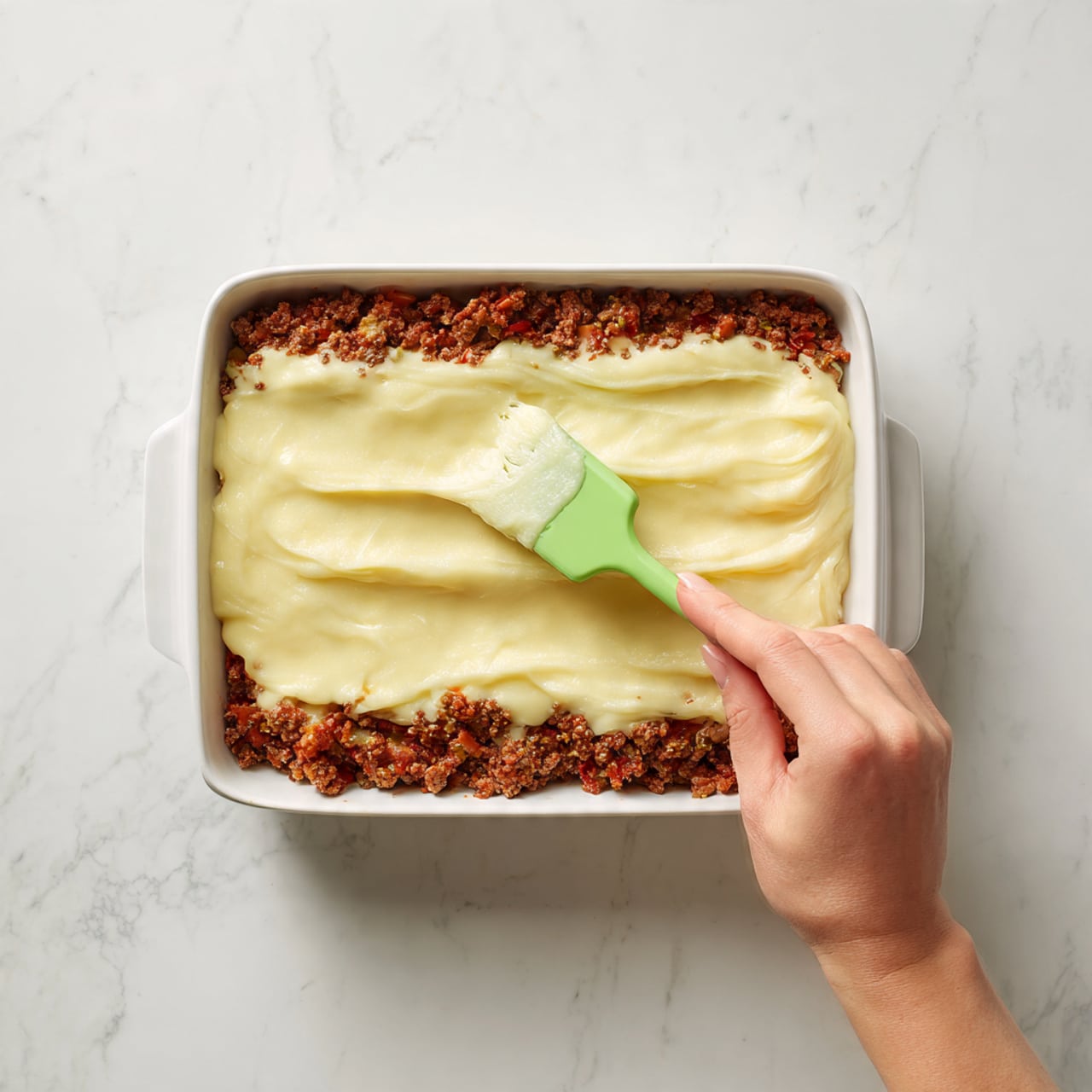 A white rectangular dish placed on a white marbled surface holds two layers: the bottom layer consists of a chunky mix of dark red beans and browned ground meat with visible small pieces of tomato and onion, while the top layer is a thick, creamy, pale yellow sauce being spread evenly by a green silicone spatula held by a woman's hand. The contrast between the textured, reddish-brown base and the smooth, light yellow topping is clear. Photo taken with an iphone --ar 4:5 --v 7