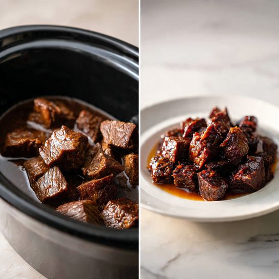 The image shows two parts: on the left, there is a close-up of several dark brown cooked meat pieces inside a black slow cooker, sitting in brownish juice. On the right, a white plate is piled high with the same cooked meat pieces, showing a mix of darker brown and charred areas, glossy with oil or juice. The background has a white marbled surface with soft lighting emphasizing the texture of the meat. Photo taken with an iphone --ar 4:5 --v 7