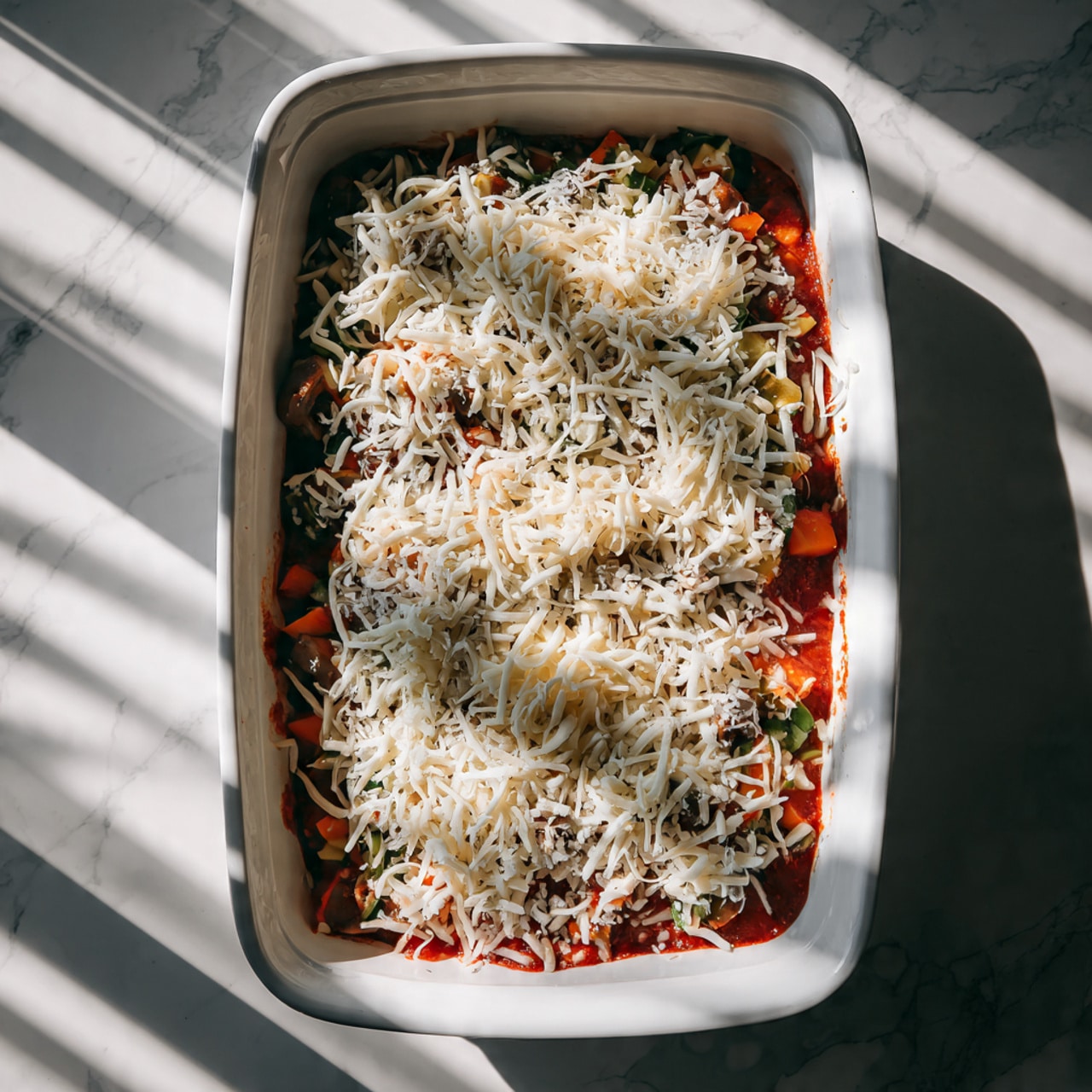 The image shows a white rectangular baking dish with three visible layers of food inside. The bottom layer is a red sauce spread evenly across the base. Above the sauce is a layer of mixed vegetables including orange carrots, green spinach, and sliced mushrooms, creating a colorful and textured look. On top of the vegetables is a generous layer of white shredded cheese sprinkled all over, filling the whole dish. The dish is placed on a white marbled surface with shadows falling across it, and a part of a person wearing a striped apron is visible at the bottom of the image. photo taken with an iphone --ar 4:5 --v 7
