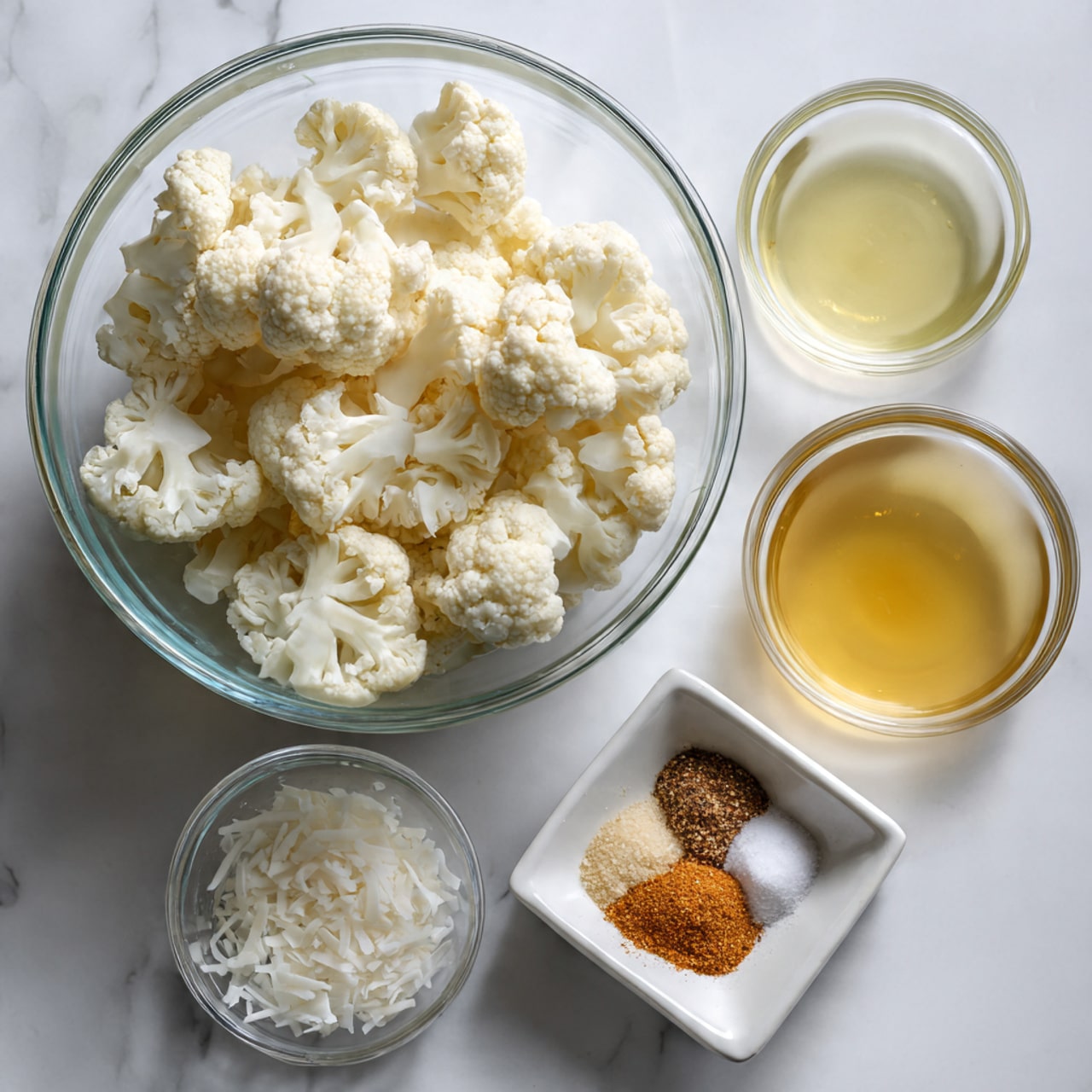 A large clear glass bowl filled with white cauliflower florets sits on a white marbled surface. Around it are four small clear glass bowls; one contains white shredded coconut, another has a pale yellow liquid, the third holds a light golden liquid, and the fourth is a white square bowl filled with a mix of orange-brown spices and white salt. The setup is neat and bright, with all the items spaced evenly. photo taken with an iphone --ar 4:5 --v 7