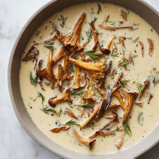 The image shows a creamy sauce with light beige color and a smooth texture, spread evenly across the base of a pan. On top of this sauce, there is a cluster of various mushrooms with different shapes and sizes; some have broad, fan-like caps while others have thin, elongated stems. The mushrooms display a range of colors from a light golden brown to dark brown, creating contrast against the creamy sauce. The mushrooms are scattered mainly in the center, with some pieces slightly overlapping. The sauce has small specks of black pepper visible throughout, adding texture and visual interest. The background is a white marbled texture, and the photo was taken with an iphone --ar 4:5 --v 7