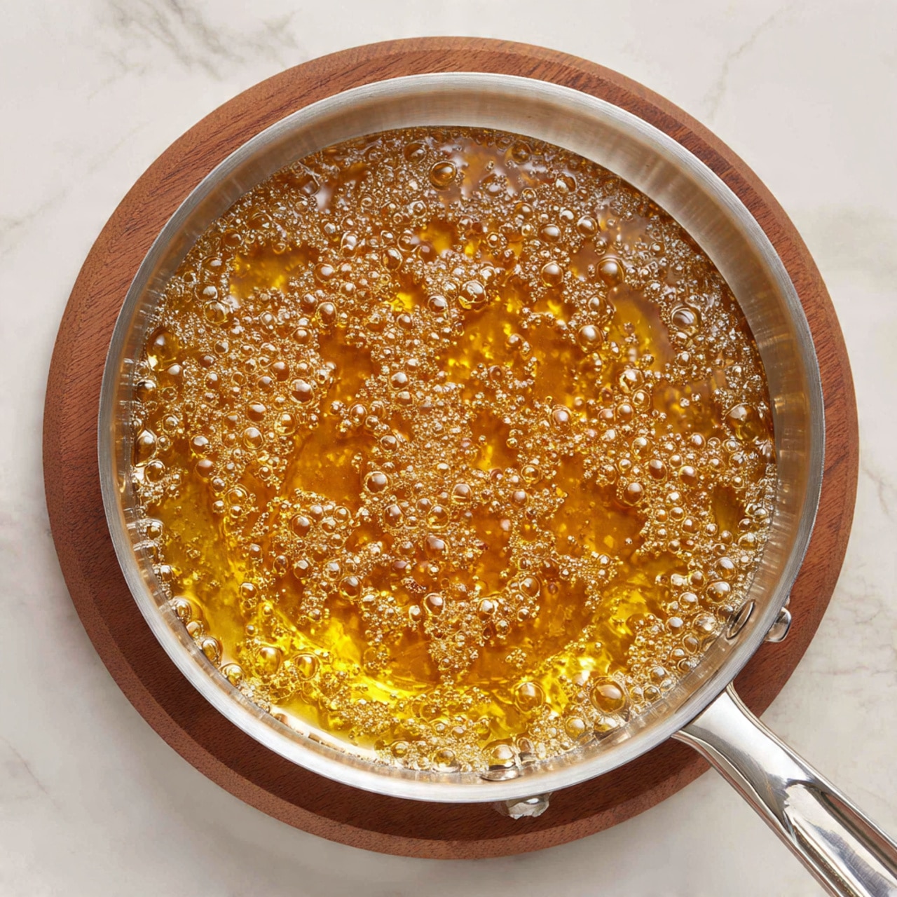 A top view of a silver metal pan filled with bubbling golden syrup or honey in liquid form, with bubbles of different sizes showing movement in the shiny thick liquid. The pan has a long handle and sits on a brown round trivet on a white marbled textured surface. Photo taken with an iphone --ar 4:5 --v 7