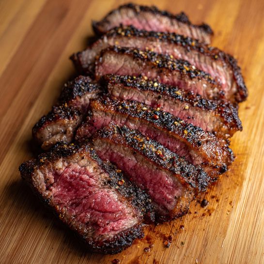 A sliced steak is placed on a wooden board, showing eight thick pieces lined up side by side. The outside of the steak is dark brown with a slightly charred texture, while the inside is a mix of pink and red, showing it is cooked medium rare. Some black pepper and seasoning are scattered on the meat, adding a bit of texture and contrast. The wood board has a warm, natural texture with visible grain. photo taken with an iphone --ar 4:5 --v 7