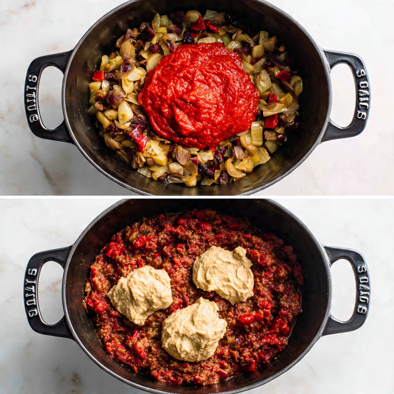 Two images show a black Staub pot on a white marbled surface. In the top image, the pot contains a layer of cooked chunky vegetables like onions, red peppers, and mushrooms around the edges, with a thick, bright red tomato sauce poured in the center, forming one large red layer surrounded by the vegetables. In the bottom image, the tomato sauce has mixed more with the vegetables forming a chunky red and brown sauce base, and on top of it, two dollops of a creamy beige paste and a splash of white creamy liquid sit side by side, adding texture and light colors to the dark sauce below. photo taken with an iphone --ar 4:5 --v 7