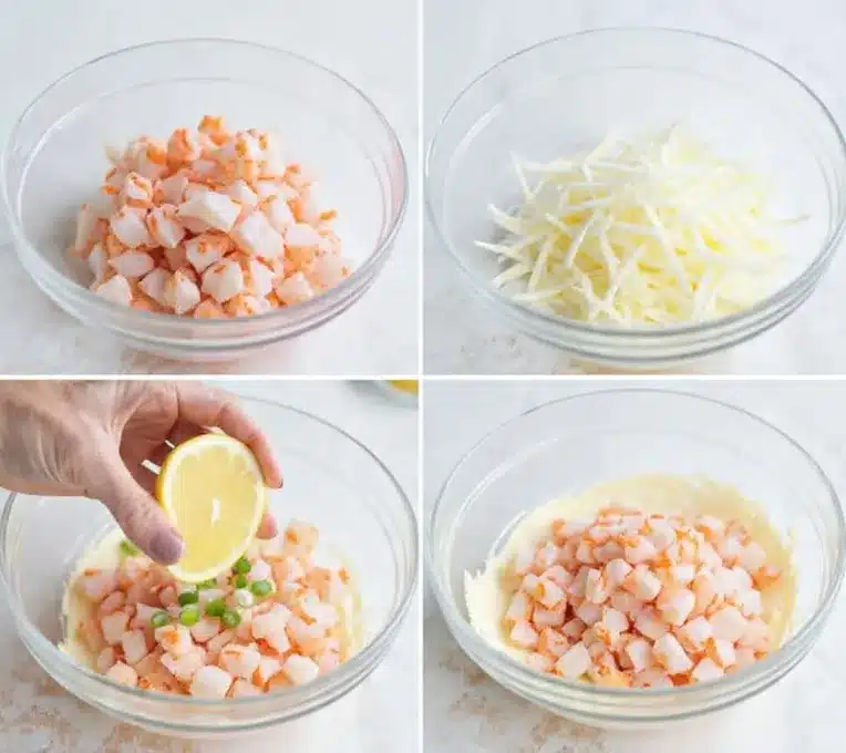 A collage of six images shows the steps of making a creamy shrimp dip on a white marbled surface. The first image shows a clear glass bowl filled with rough chopped shrimp, mostly pink and white. The second image displays shredded white cheese on top of a creamy white base in a glass bowl. The third image features a woman's hand squeezing a bright yellow lemon half over a mixture in a glass bowl that contains chopped green onions and brown spices. The fourth image presents the glass bowl with chopped shrimp added on top of the spiced mixture with some green onions visible underneath. The fifth image shows the finished creamy shrimp dip spread smoothly inside a black bowl with small bits of shrimp visible. The sixth image reveals the dip cooked in the same black bowl until lightly browned and bubbling, topped with chopped red tomatoes and green onions in the center. Photo taken with an iphone --ar 4:5 --v 7