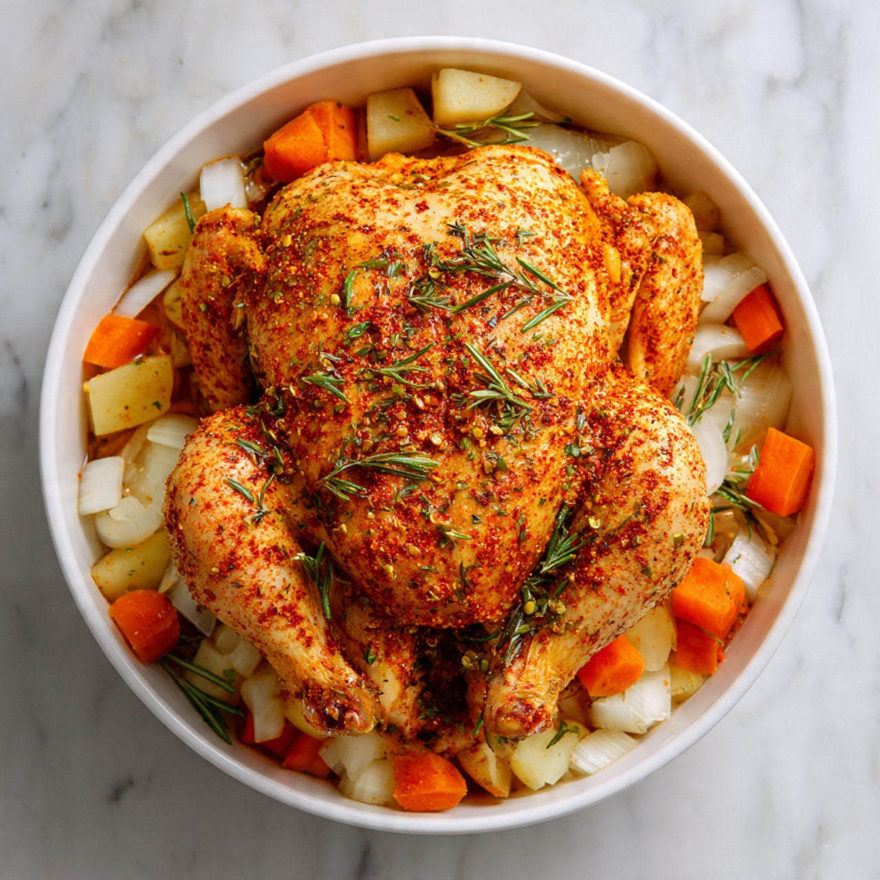 A whole seasoned chicken sits in the middle of a white bowl, covered with a layer of red spices and small green rosemary leaves scattered on top. Beneath the chicken, there are two layers of chopped vegetables; the bottom layer is made up of large white onion slices, and the top layer consists of orange carrot pieces and small white potato cubes. The bowl is placed on a white marbled surface. photo taken with an iphone --ar 4:5 --v 7