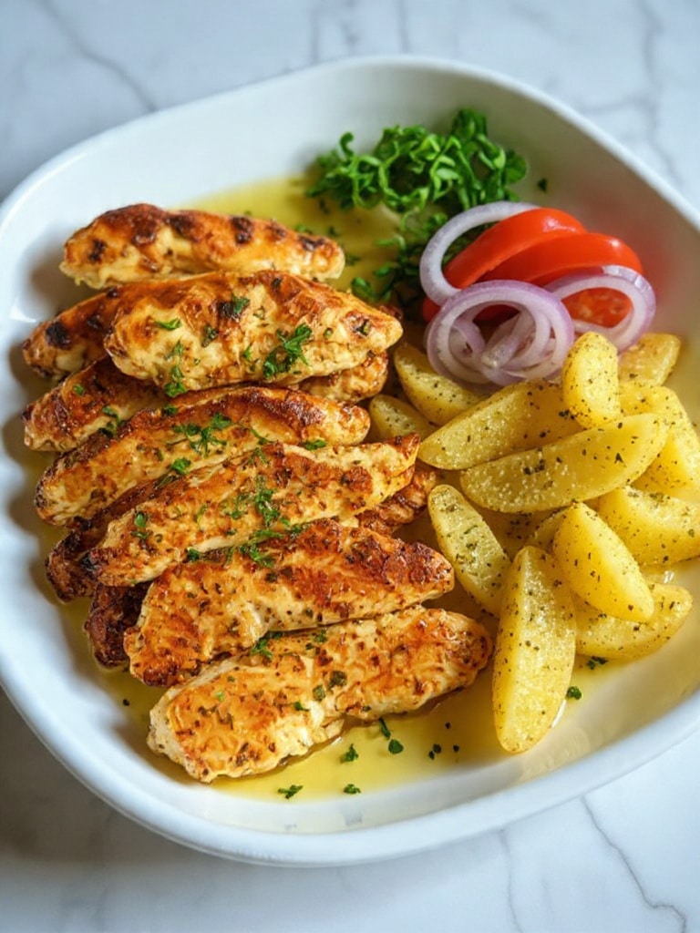 The image shows a white plate filled with nine grilled chicken strips arranged in layers on the left side, each strip golden brown with visible grill marks and sprinkled with chopped green herbs. On the right side of the plate, there are several seasoned potato wedges that are light golden and slightly textured. Behind the potatoes, there is a small pile of green leafy herbs and a few bright red tomato slices next to rings of purple onion, all against a white marbled surface background. The lighting highlights the juicy texture of the chicken and the fresh colors of the vegetables. photo taken with an iphone --ar 4:5 --v 7